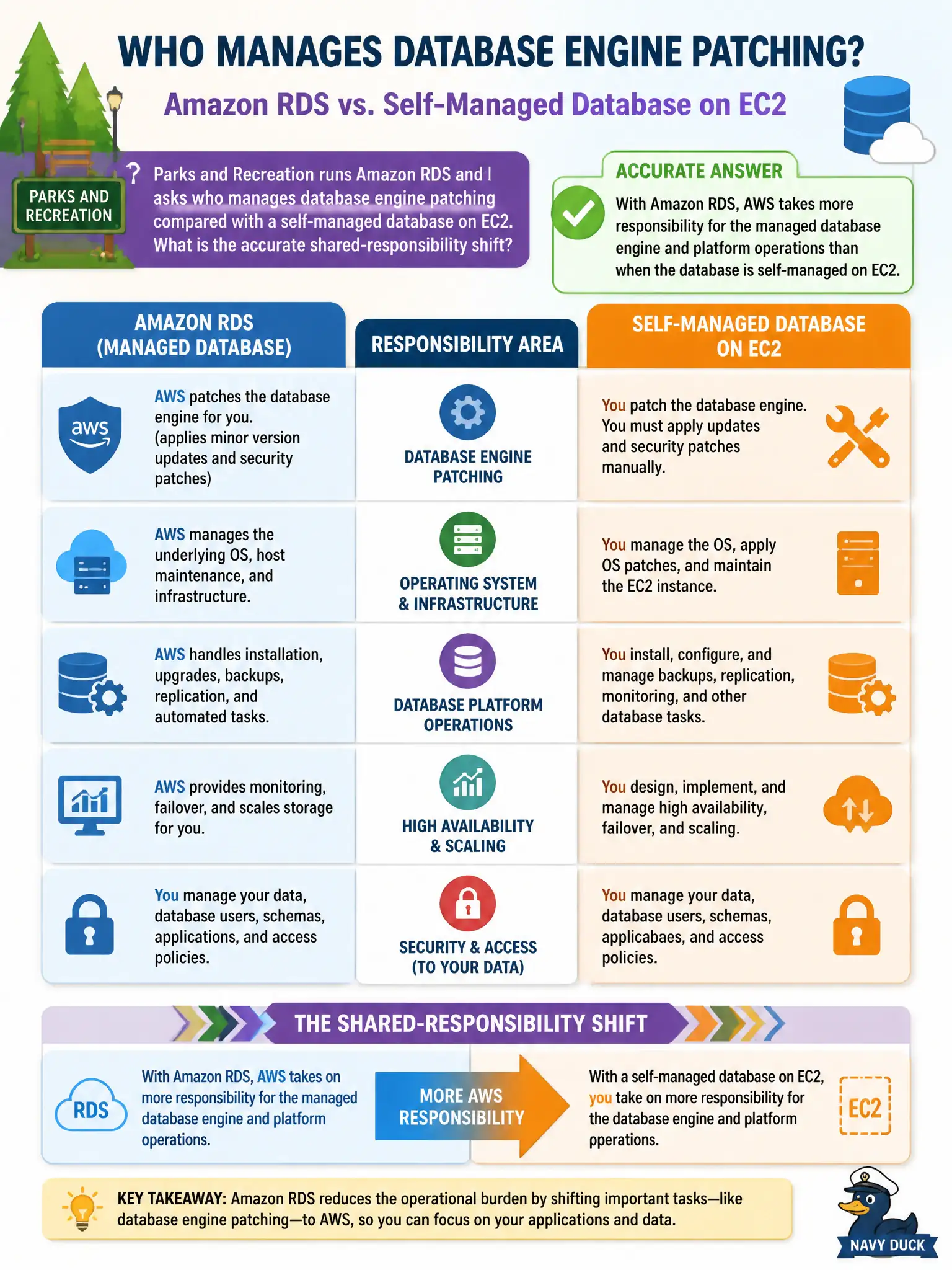To Create an exciting colorful infographic that explains the concepts in the question: Question: Parks and Recreation runs Amazon RDS and asks who manages database engine patching compared with a self-managed database on EC2. What is the accurate shared-responsibility shift? Correct Answer: With Amazon RDS, AWS takes more responsibility for the managed database engine and platform operations than when the database is self-managed on EC2 Put EVERY visible label in double quotes. No people. No A/B/C/D letters. In one of the four corners put a little "Navy Duck".
