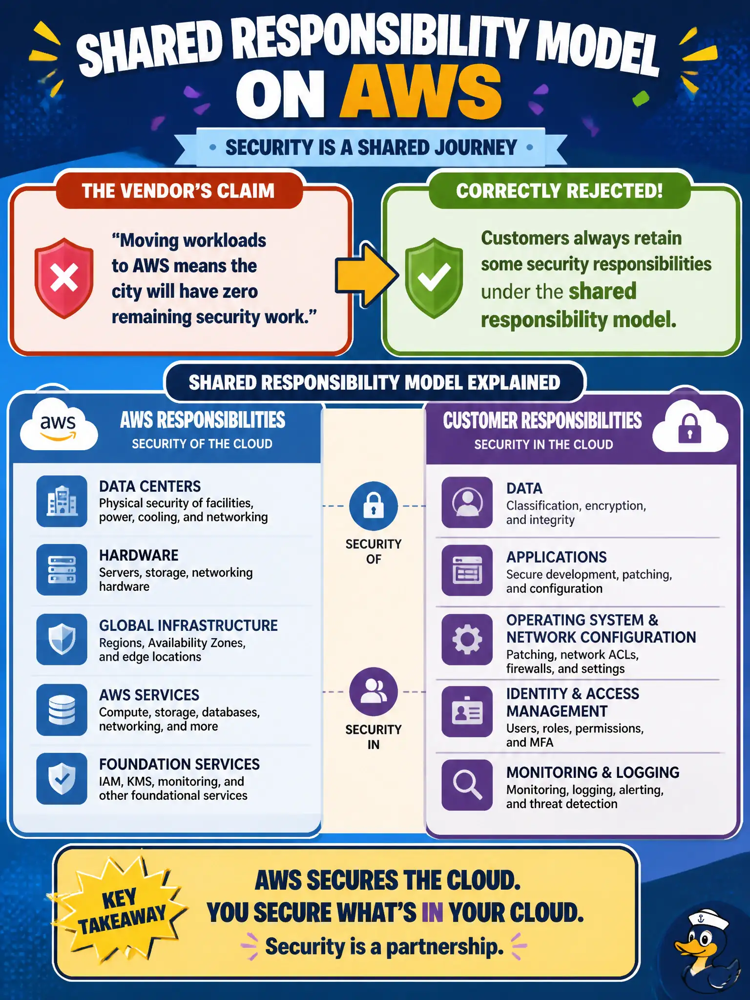 To Create an exciting colorful infographic that explains the concepts in the question: Question: A vendor tells the city council that moving workloads to AWS means the city will have zero remaining security work. Which statement correctly rejects that claim? Correct Answer: Customers always retain some security responsibilities under the shared responsibility model. Put EVERY visible label in double quotes. No people. No A/B/C/D letters. In one of the four corners put a little "Navy Duck".