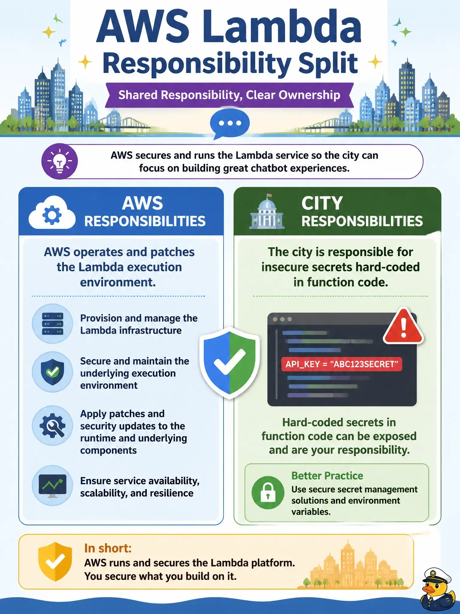To Create an exciting colorful infographic that explains the concepts in the question: Question: For an AWS Lambda function used by a city chatbot, which split correctly separates AWS and customer responsibilities? Correct Answer: AWS operates and patches the Lambda execution environment; the city is responsible for insecure secrets hard-coded in function code. Put EVERY visible label in double quotes. No people. No A/B/C/D letters. In one of the four corners put a little "Navy Duck".