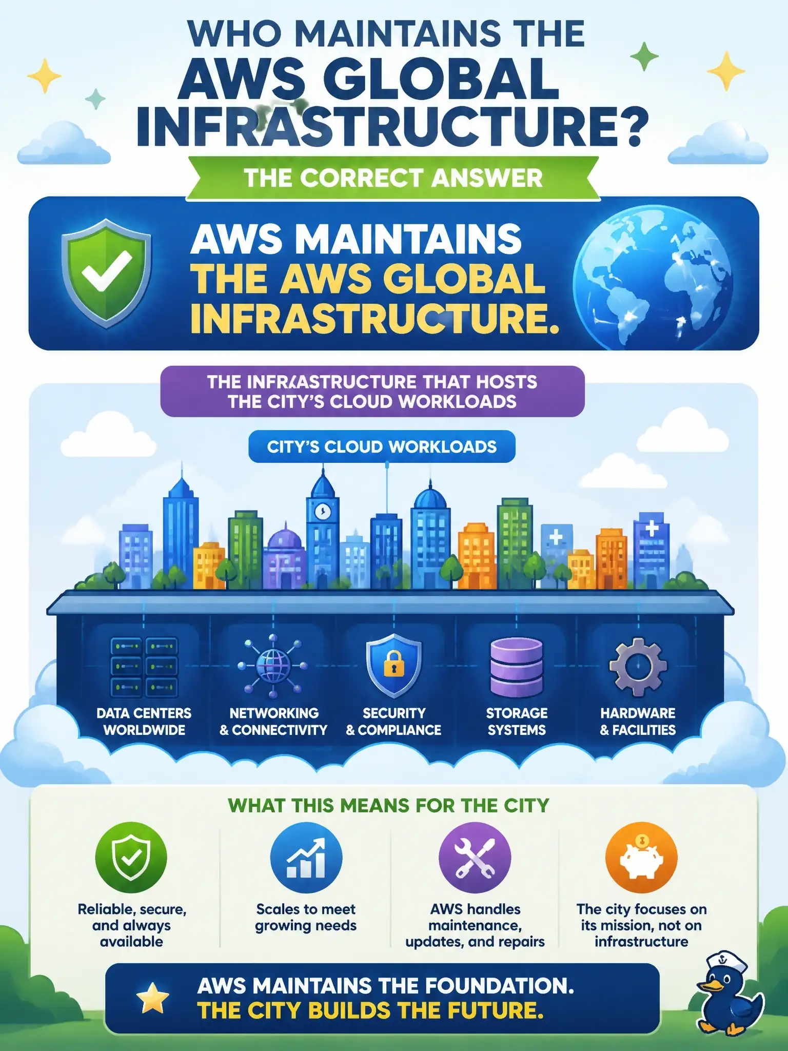 To Create an exciting colorful infographic that explains the concepts in the question: Question: A compliance questionnaire asks who maintains the AWS global infrastructure that hosts the city's cloud workloads. What is the correct answer? Correct Answer: AWS maintains the AWS global infrastructure. Put EVERY visible label in double quotes. No people. No A/B/C/D letters. In one of the four corners put a little "Navy Duck".