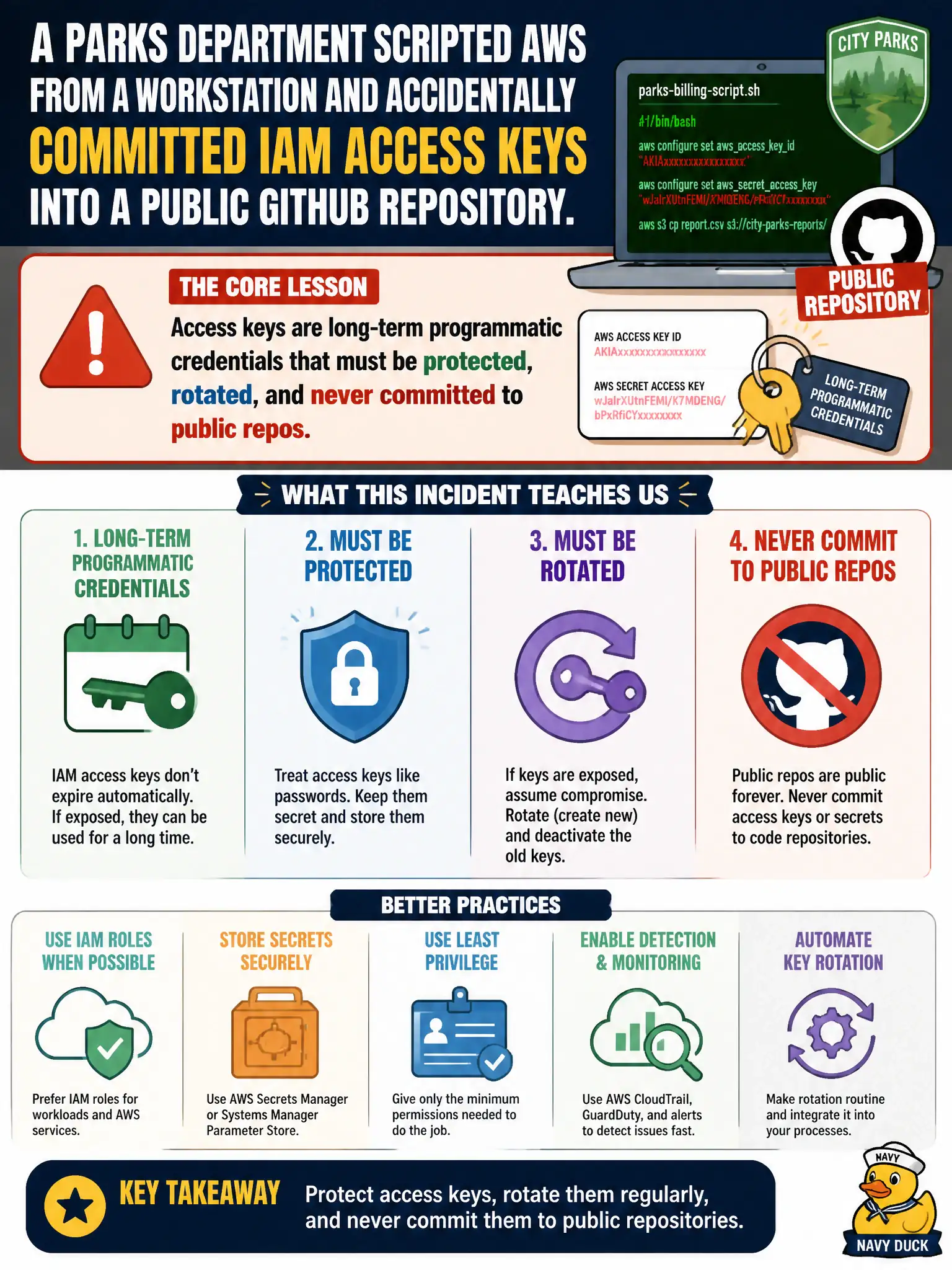To Create an exciting colorful infographic that explains the concepts in the question: Question: A parks department scripts that call AWS from a workstation accidentally committed IAM access keys into a public GitHub repository. What should the city treat as the core lesson about those keys? Correct Answer: Access keys are long-term programmatic credentials that must be protected, rotated, and never committed to public repos Put EVERY visible label in double quotes. No people. No A/B/C/D letters. In one of the four corners put a little "Navy Duck".