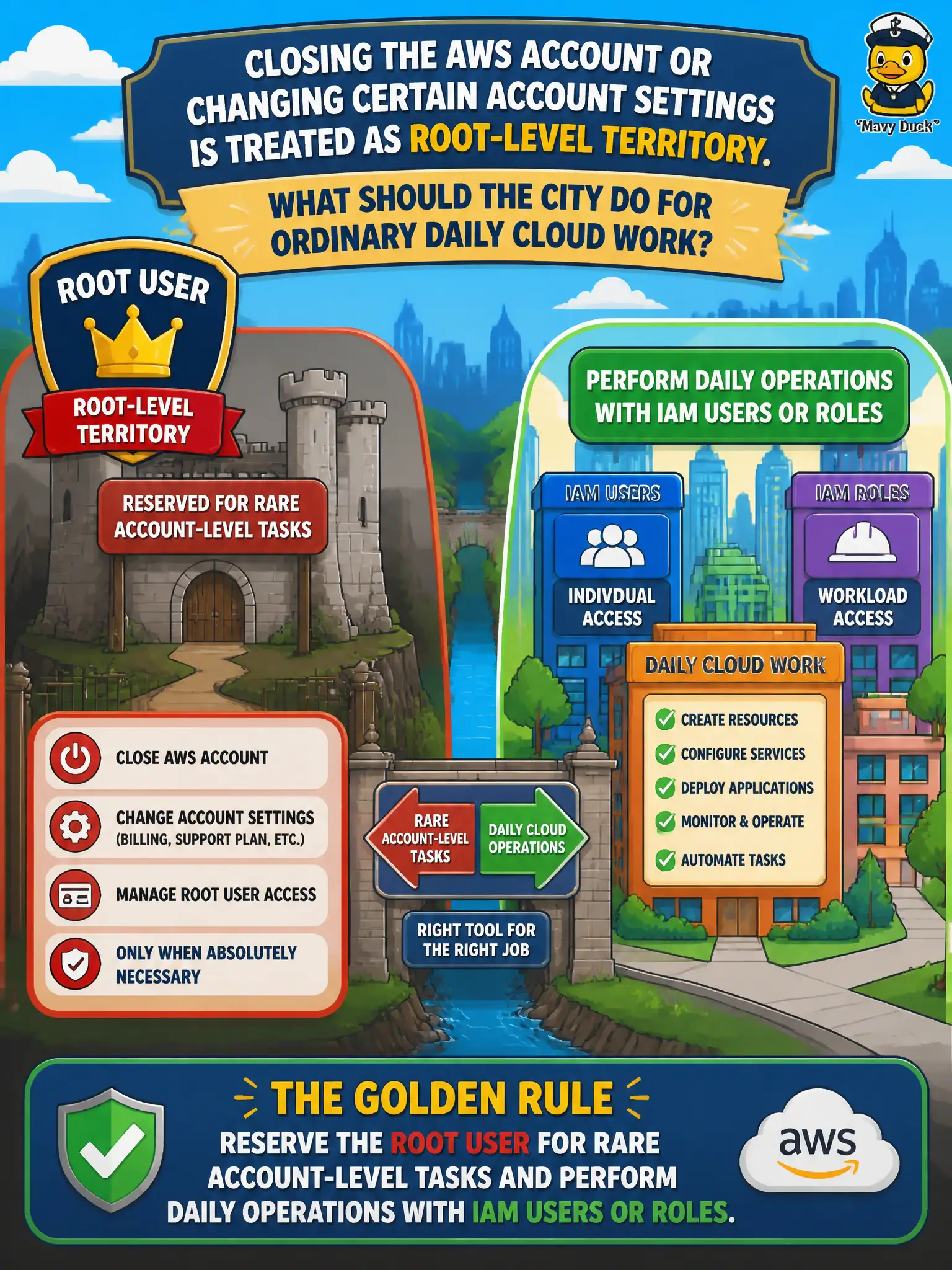 To Create an exciting colorful infographic that explains the concepts in the question: Question: Closing the AWS account or changing certain account settings is treated as root-level territory. What should the city do for ordinary daily cloud work? Correct Answer: Reserve the root user for rare account-level tasks and perform daily operations with IAM users or roles Put EVERY visible label in double quotes. No people. No A/B/C/D letters. In one of the four corners put a little "Navy Duck".