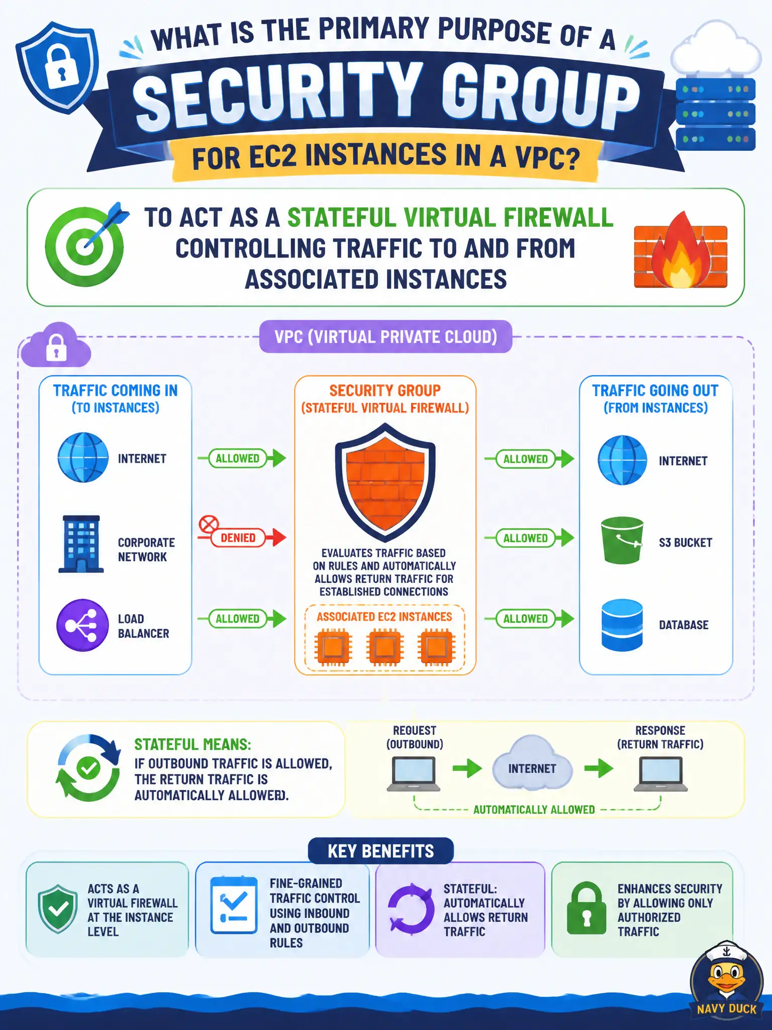 To Create an exciting colorful infographic that explains the concepts in the question: Question: What is the primary purpose of a security group for EC2 instances in a VPC? Correct Answer: To act as a stateful virtual firewall controlling traffic to and from associated instances Put EVERY visible label in double quotes. No people. No A/B/C/D letters. In one of the four corners put a little "Navy Duck".