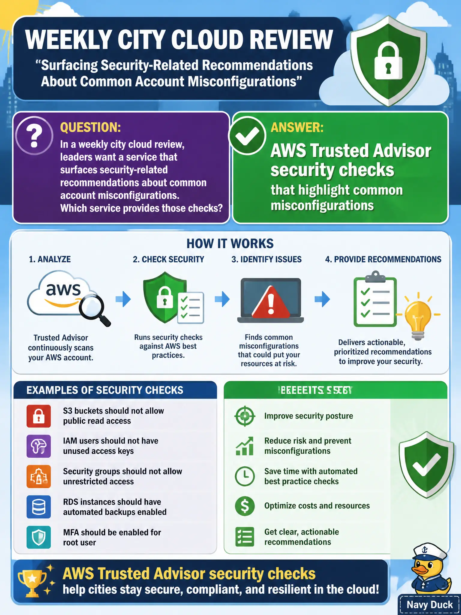 To Create an exciting colorful infographic that explains the concepts in the question: Question: In a weekly city cloud review, leaders want a service that surfaces security-related recommendations about common account misconfigurations. Which service provides those checks? Correct Answer: AWS Trusted Advisor security checks that highlight common misconfigurations Put EVERY visible label in double quotes. No people. No A/B/C/D letters. In one of the four corners put a little "Navy Duck".