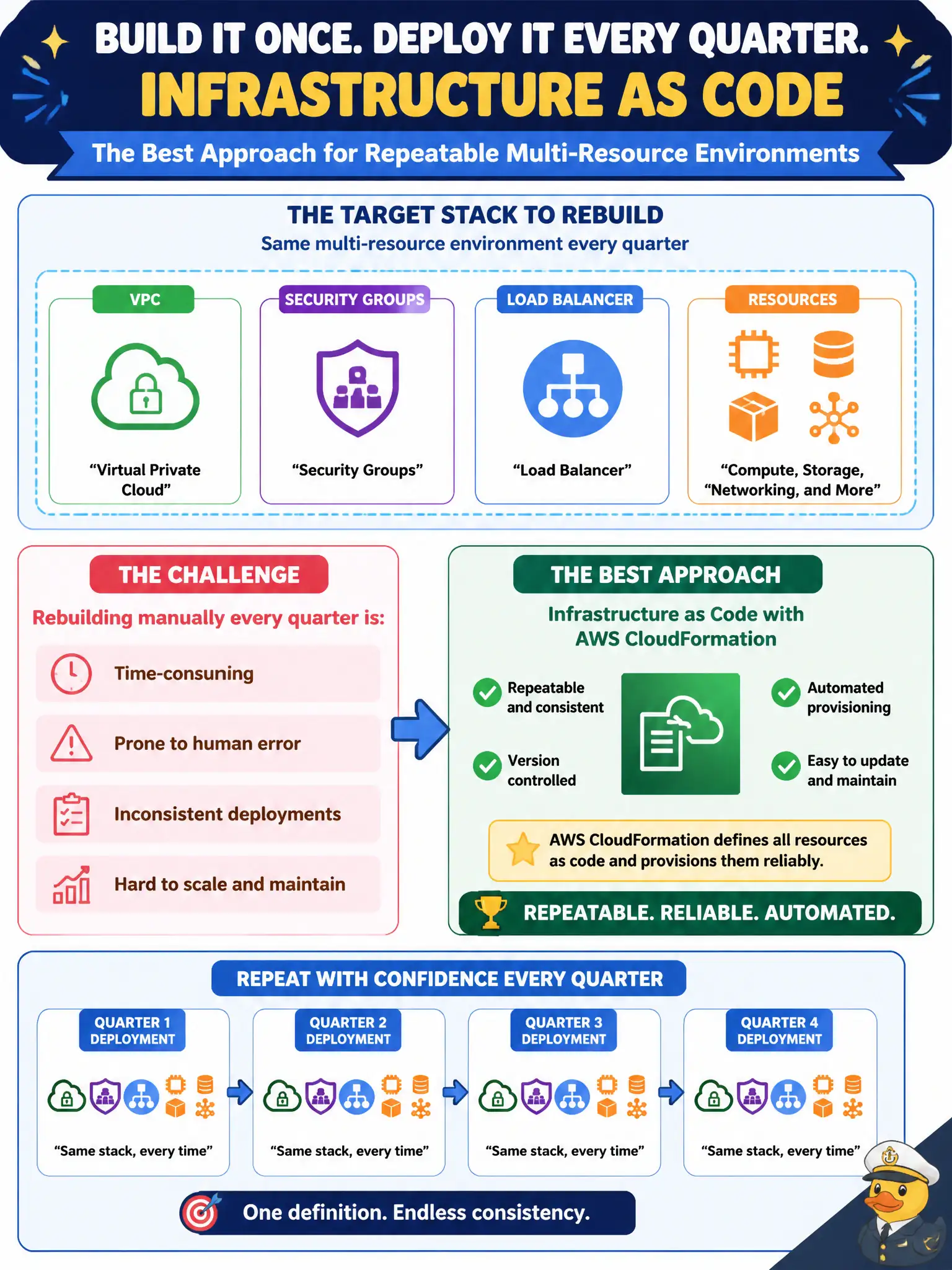To Create an exciting colorful infographic that explains the concepts in the question: Question: A public-works team must rebuild the same multi-resource VPC, security groups, and load balancer stack the same way every quarter. Which approach best supports that repeatable provisioning? Correct Answer: Infrastructure as code such as AWS CloudFormation for repeatable multi-resource environments Put EVERY visible label in double quotes. No people. No A/B/C/D letters. In one of the four corners put a little "Navy Duck".