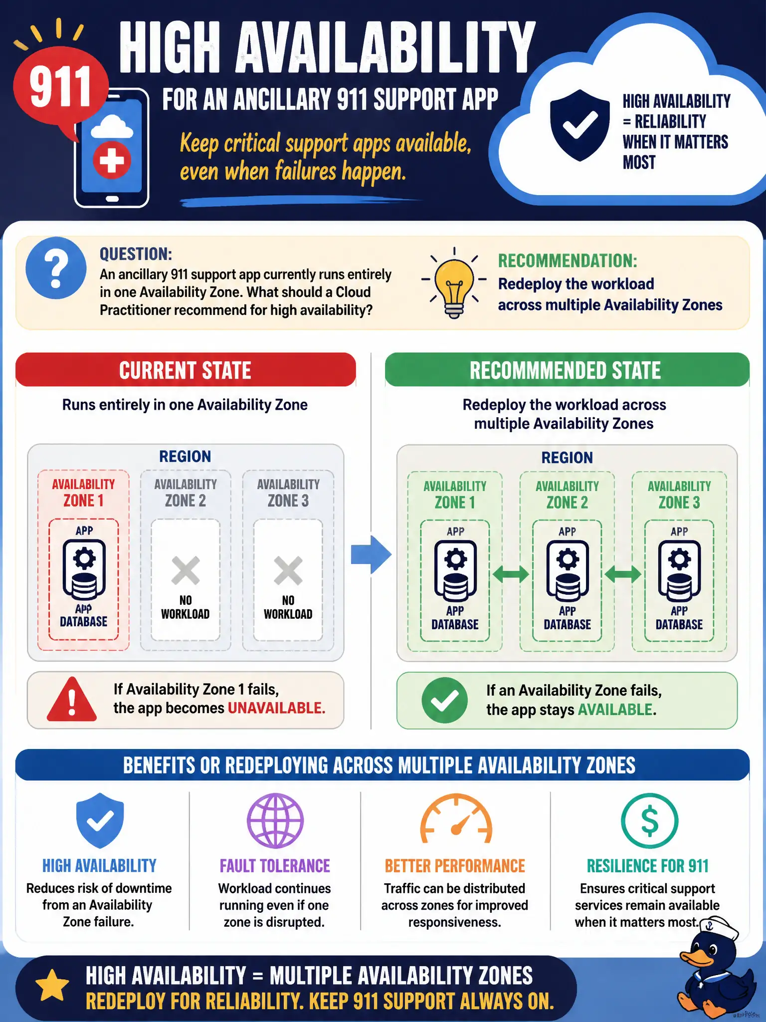 To Create an exciting colorful infographic that explains the concepts in the question: Question: An ancillary 911 support app currently runs entirely in one Availability Zone. What should a Cloud Practitioner recommend for high availability? Correct Answer: Redeploy the workload across multiple Availability Zones Put EVERY visible label in double quotes. No people. No A/B/C/D letters. In one of the four corners put a little "Navy Duck".