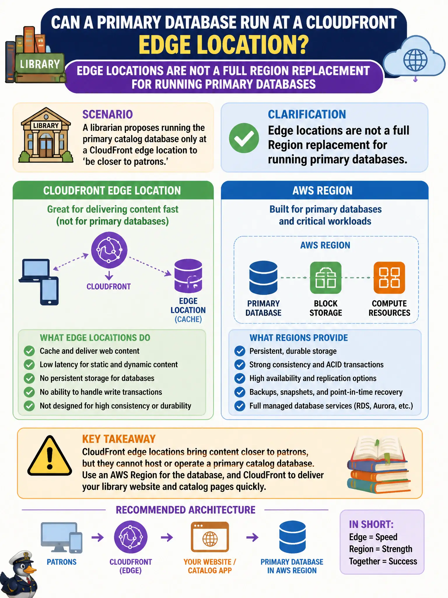 To Create an exciting colorful infographic that explains the concepts in the question: Question: A librarian proposes running the primary catalog database only at a CloudFront edge location to 'be closer to patrons.' What clarification is most accurate? Correct Answer: Edge locations are not a full Region replacement for running primary databases Put EVERY visible label in double quotes. No people. No A/B/C/D letters. In one of the four corners put a little "Navy Duck".