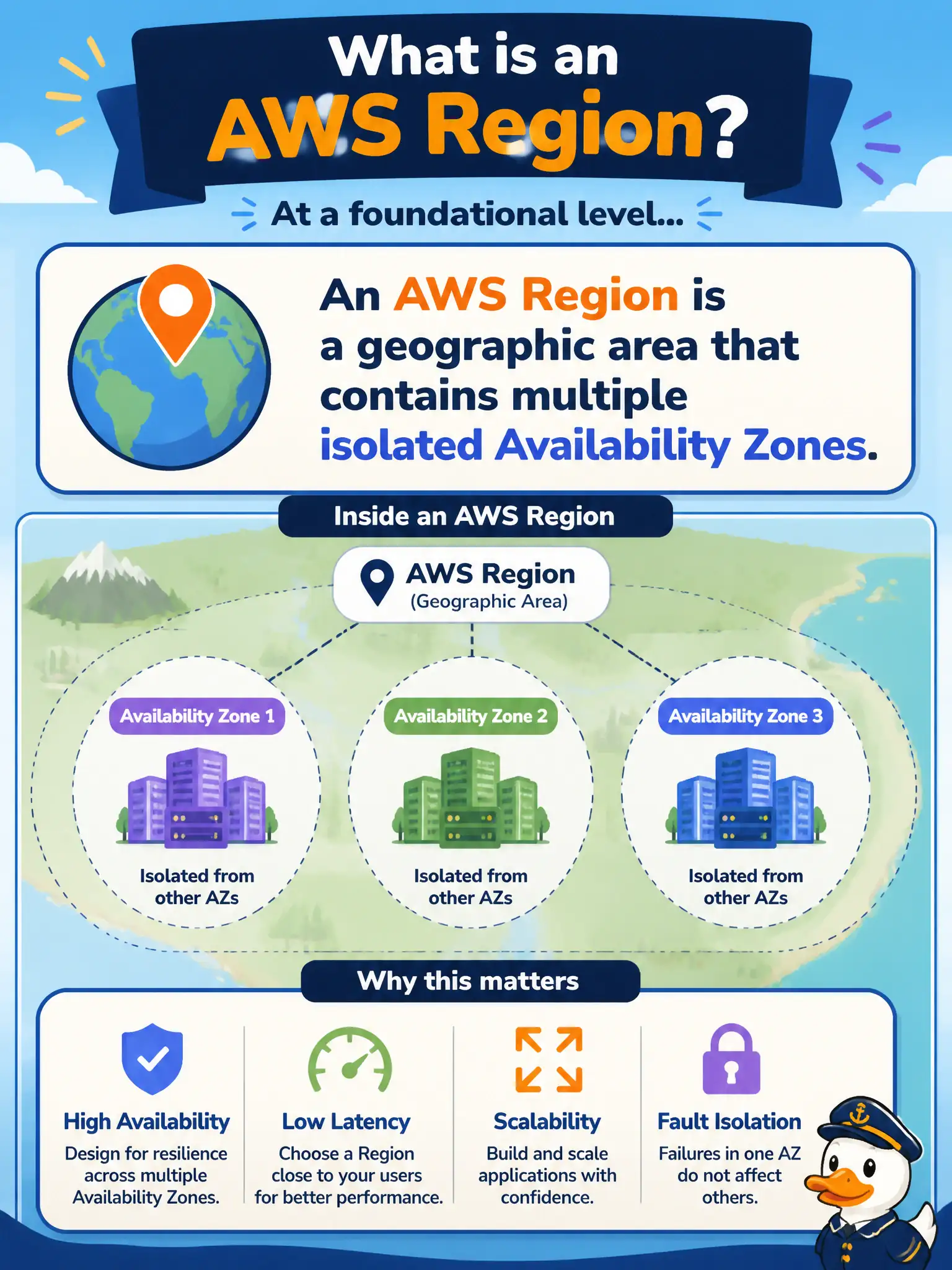 To Create an exciting colorful infographic that explains the concepts in the question: Question: In onboarding materials for new cloud staff, how should an AWS Region be described at a foundational level? Correct Answer: A geographic area that contains multiple isolated Availability Zones Put EVERY visible label in double quotes. No people. No A/B/C/D letters. In one of the four corners put a little "Navy Duck".