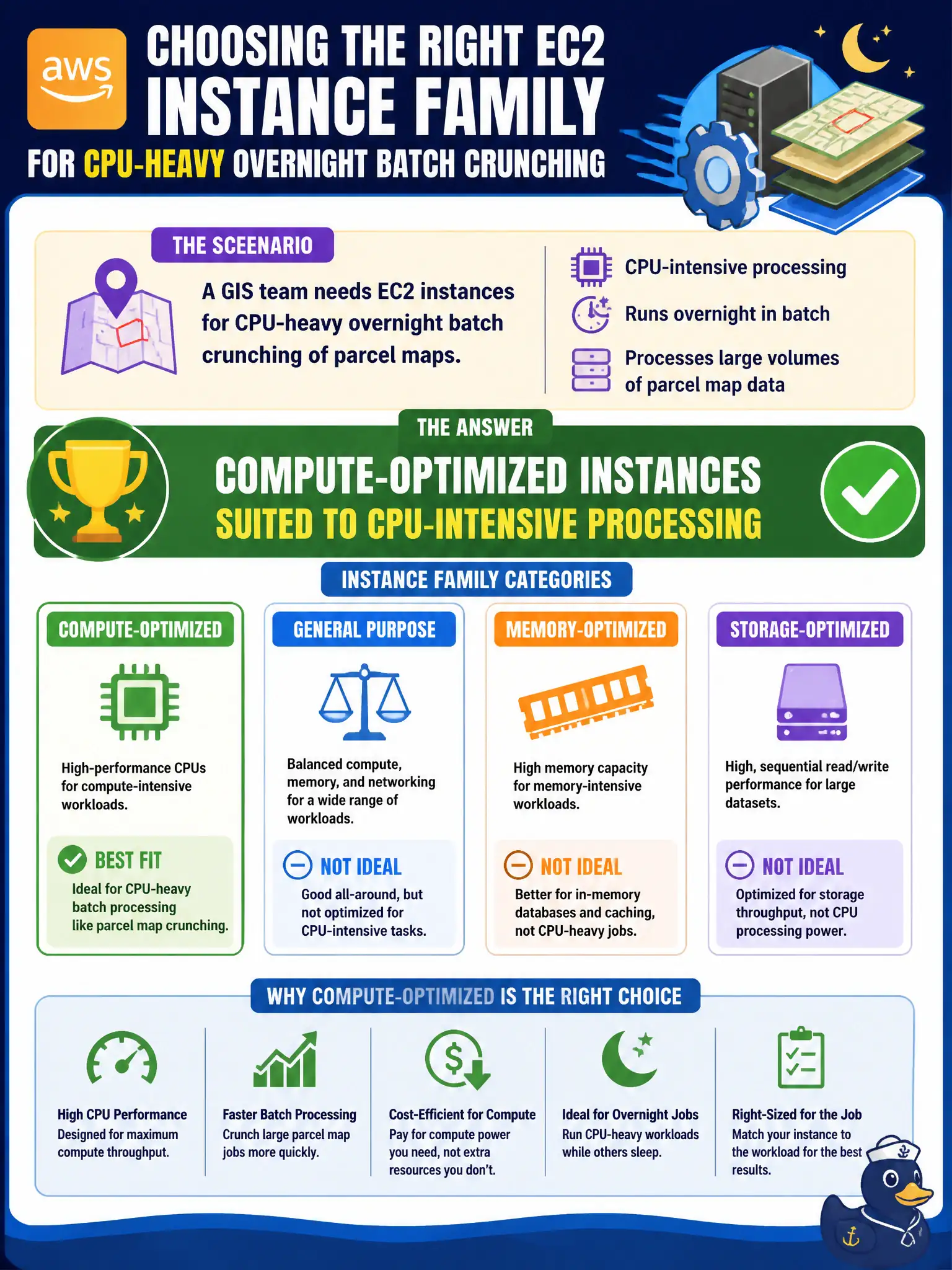 To Create an exciting colorful infographic that explains the concepts in the question: Question: A GIS team needs EC2 instances for CPU-heavy overnight batch crunching of parcel maps. Which instance family category best fits that workload? Correct Answer: Compute-optimized instances suited to CPU-intensive processing Put EVERY visible label in double quotes. No people. No A/B/C/D letters. In one of the four corners put a little "Navy Duck".