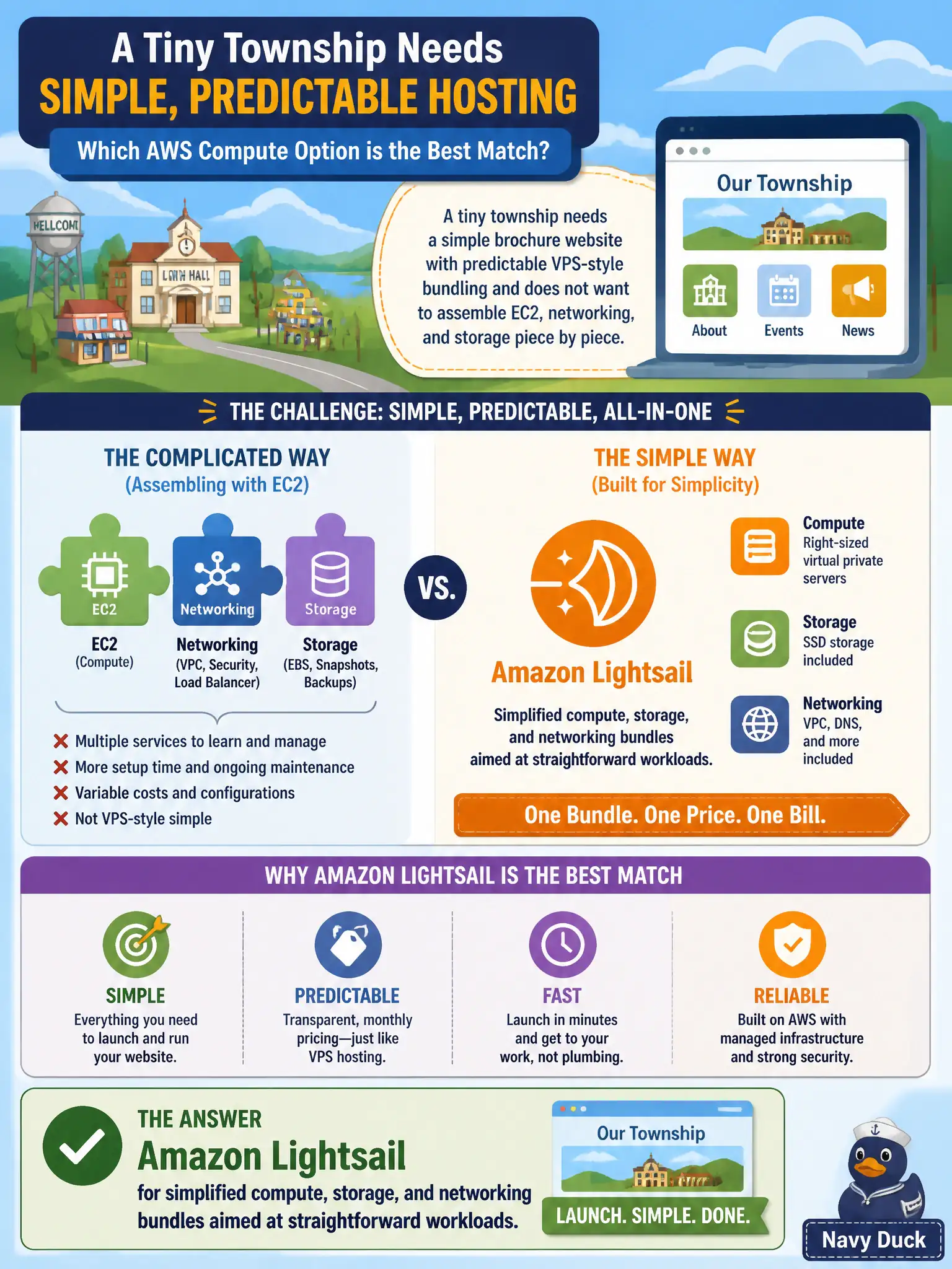 To Create an exciting colorful infographic that explains the concepts in the question: Question: A tiny township needs a simple brochure website with predictable VPS-style bundling and does not want to assemble EC2, networking, and storage piece by piece. Which AWS compute option best matches that simplicity need? Correct Answer: Amazon Lightsail for simplified compute, storage, and networking bundles aimed at straightforward workloads. Put EVERY visible label in double quotes. No people. No A/B/C/D letters. In one of the four corners put a little "Navy Duck".