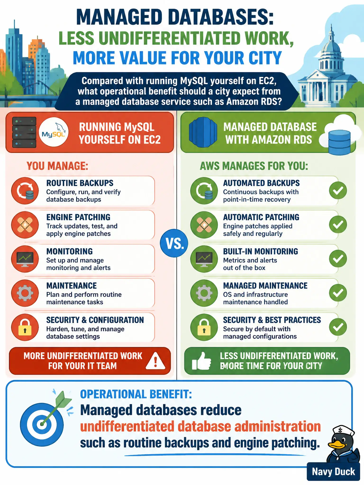 To Create an exciting colorful infographic that explains the concepts in the question: Question: Compared with running MySQL yourself on EC2, what operational benefit should a city expect from a managed database service such as Amazon RDS? Correct Answer: Managed databases reduce undifferentiated database administration such as routine backups and engine patching. Put EVERY visible label in double quotes. No people. No A/B/C/D letters. In one of the four corners put a little "Navy Duck".