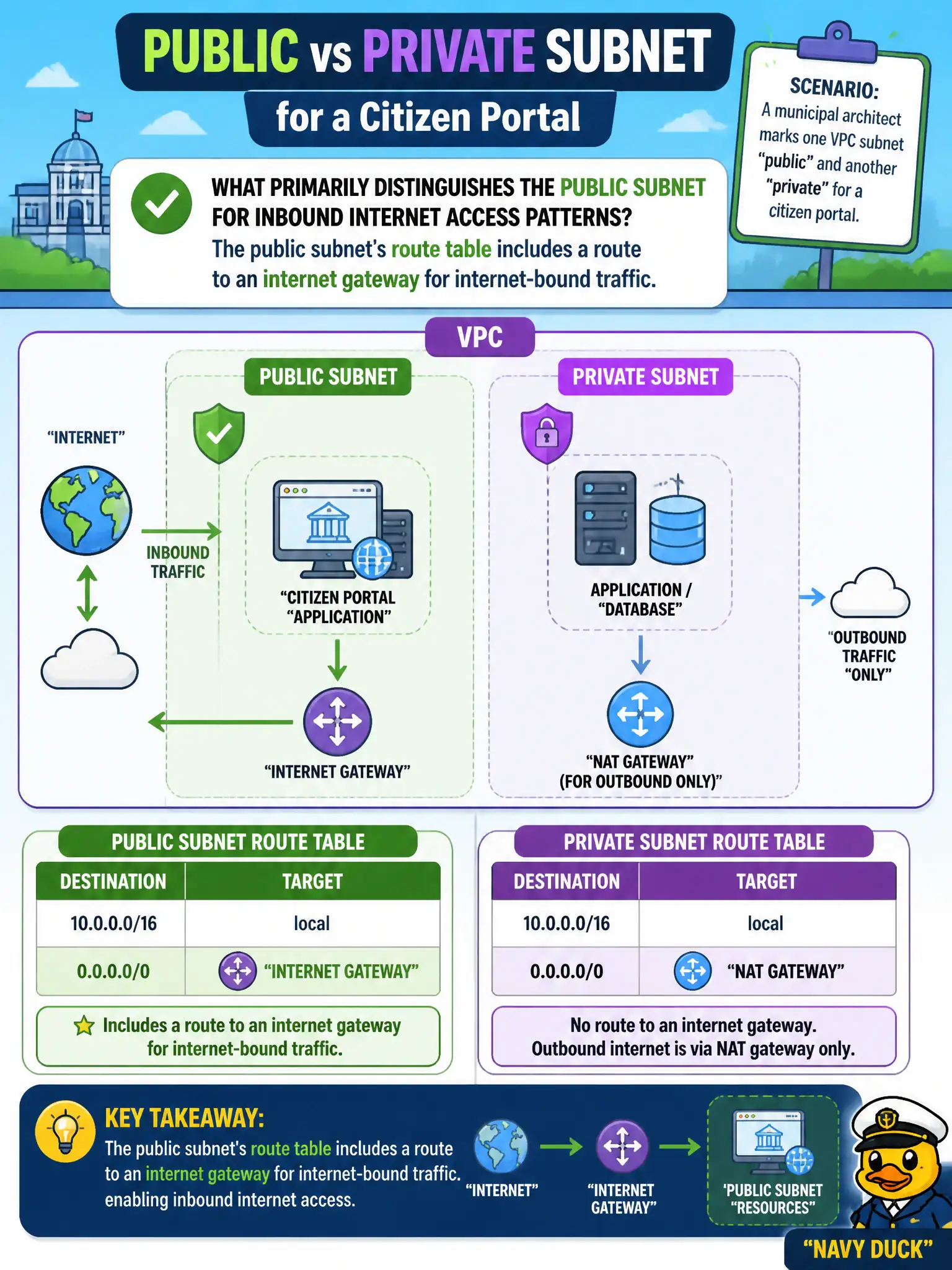 To Create an exciting colorful infographic that explains the concepts in the question: Question: A municipal architect marks one VPC subnet "public" and another "private" for a citizen portal. What primarily distinguishes the public subnet for inbound internet access patterns? Correct Answer: The public subnet's route table includes a route to an internet gateway for internet-bound traffic. Put EVERY visible label in double quotes. No people. No A/B/C/D letters. In one of the four corners put a little "Navy Duck".