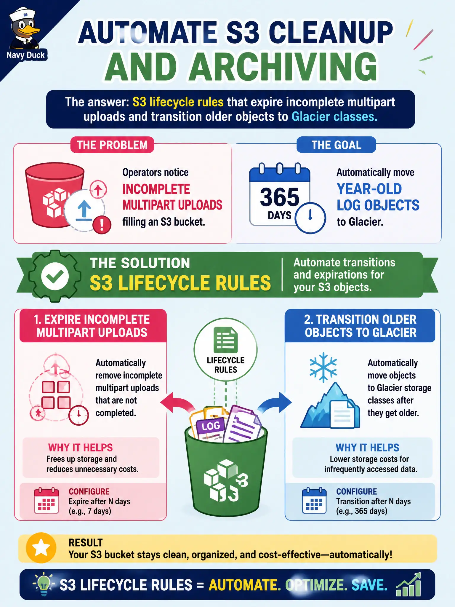 To Create an exciting colorful infographic that explains the concepts in the question: Question: Operators notice incomplete multipart uploads filling an S3 bucket and also want year-old log objects moved to Glacier automatically. Which S3 feature automates those transitions and expirations? Correct Answer: S3 lifecycle rules that expire incomplete multipart uploads and transition older objects to Glacier classes. Put EVERY visible label in double quotes. No people. No A/B/C/D letters. In one of the four corners put a little "Navy Duck".