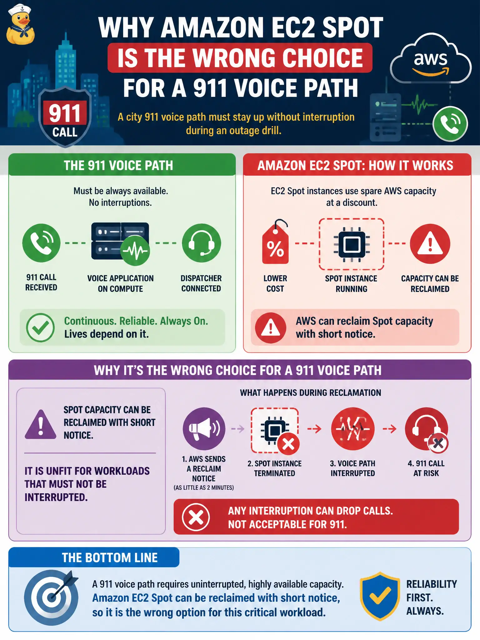 To Create an exciting colorful infographic that explains the concepts in the question: Question: A city 911 voice path must stay up without interruption during an outage drill. Why is Amazon EC2 Spot the wrong purchase option for that path? Correct Answer: Spot capacity can be reclaimed with short notice, so it is unfit for workloads that must not be interrupted. Put EVERY visible label in double quotes. No people. No A/B/C/D letters. In one of the four corners put a little "Navy Duck".