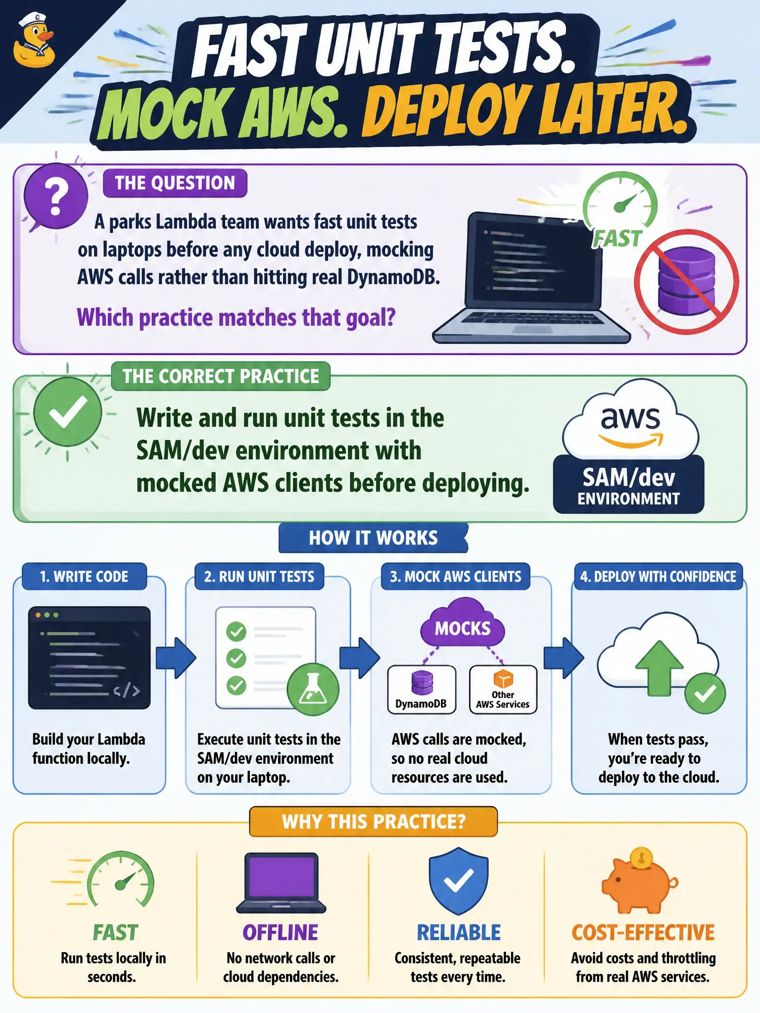 To Create an exciting colorful infographic that explains the concepts in the question: Question: A parks Lambda team wants fast unit tests on laptops before any cloud deploy, mocking AWS calls rather than hitting real DynamoDB. Which practice matches that goal? Correct Answer: Write and run unit tests in the SAM/dev environment with mocked AWS clients before deploying. Put EVERY visible label in double quotes. No people. No A/B/C/D letters. In one of the four corners put a little "Navy Duck".