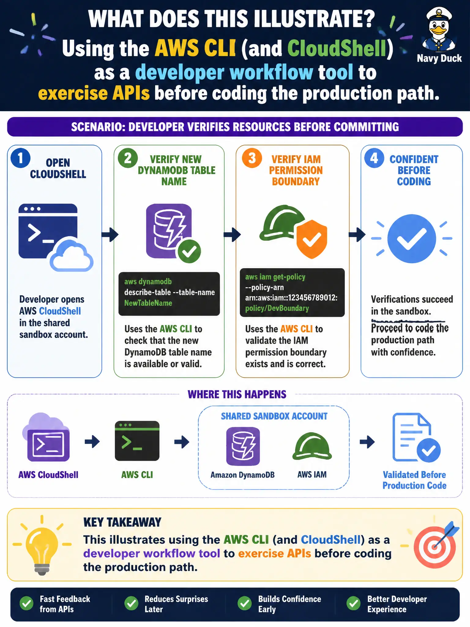 To Create an exciting colorful infographic that explains the concepts in the question: Question: Before committing, a developer verifies a new DynamoDB table name and an IAM permission boundary using CLI calls from CloudShell against the shared sandbox account. What does this illustrate? Correct Answer: Using the AWS CLI (and CloudShell) as a developer workflow tool to exercise APIs before coding the production path. Put EVERY visible label in double quotes. No people. No A/B/C/D letters. In one of the four corners put a little "Navy Duck".