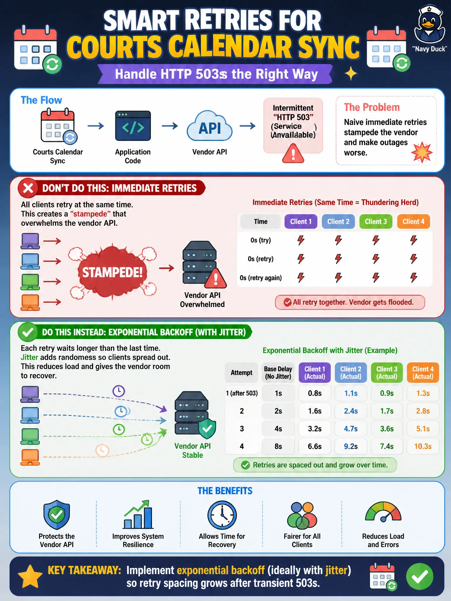 To Create an exciting colorful infographic that explains the concepts in the question: Question: A courts calendar sync calls a vendor API that returns intermittent HTTP 503s. Naive immediate retries stampede the vendor. What retry strategy should application code implement? Correct Answer: Implement exponential backoff (ideally with jitter) so retry spacing grows after transient 503s. Put EVERY visible label in double quotes. No people. No A/B/C/D letters. In one of the four corners put a little "Navy Duck".