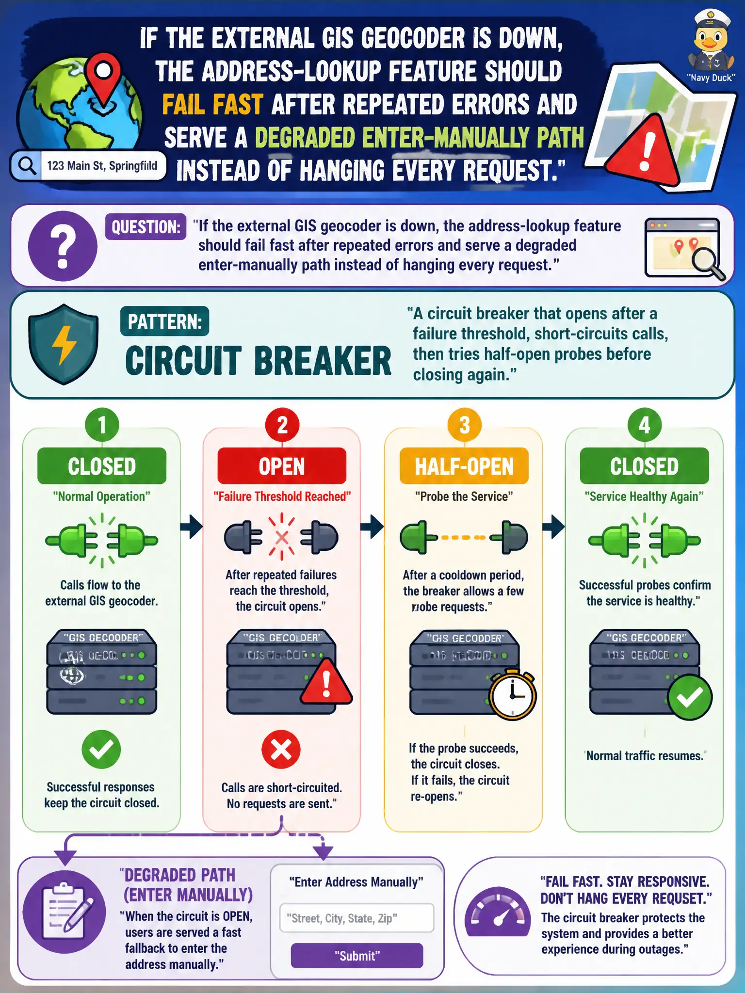 To Create an exciting colorful infographic that explains the concepts in the question: Question: If the external GIS geocoder is down, the address-lookup feature should fail fast after repeated errors and serve a degraded enter-manually path instead of hanging every request. Which pattern is this? Correct Answer: A circuit breaker that opens after a failure threshold, short-circuits calls, then tries half-open probes before closing again. Put EVERY visible label in double quotes. No people. No A/B/C/D letters. In one of the four corners put a little "Navy Duck".