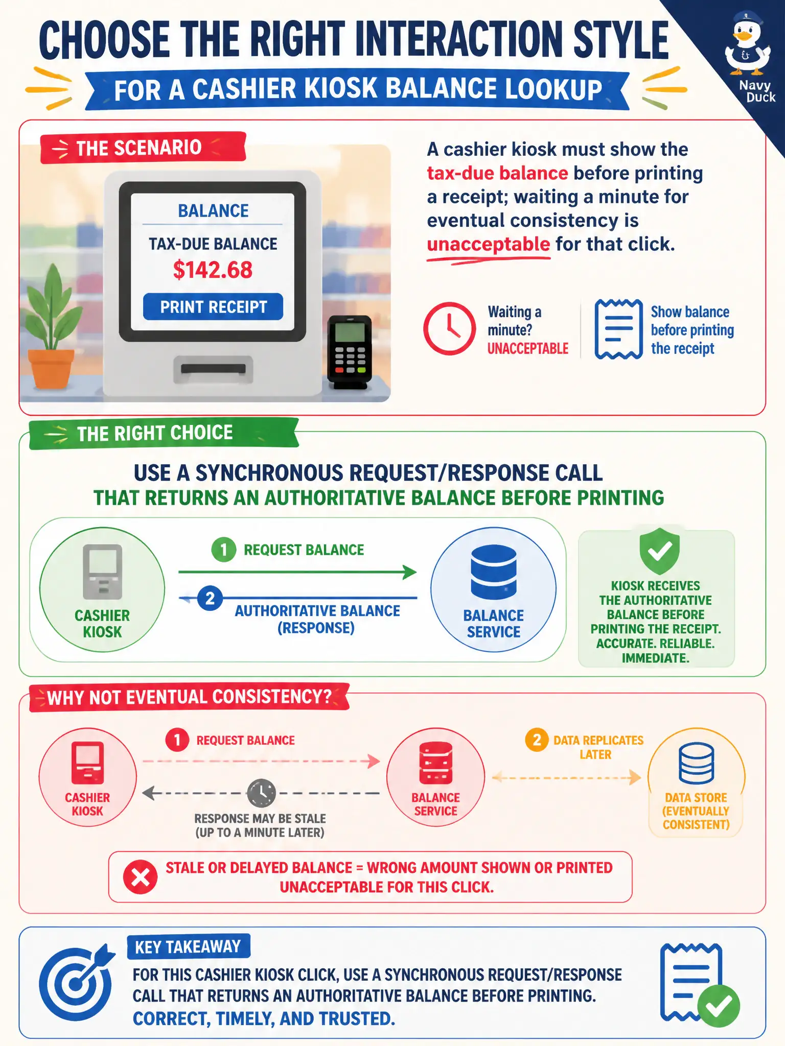 To Create an exciting colorful infographic that explains the concepts in the question: Question: A cashier kiosk must show the tax-due balance before printing a receipt; waiting a minute for eventual consistency is unacceptable for that click. Which interaction style should the balance lookup use? Correct Answer: Use a synchronous request/response call that returns an authoritative balance before printing Put EVERY visible label in double quotes. No people. No A/B/C/D letters. In one of the four corners put a little "Navy Duck".
