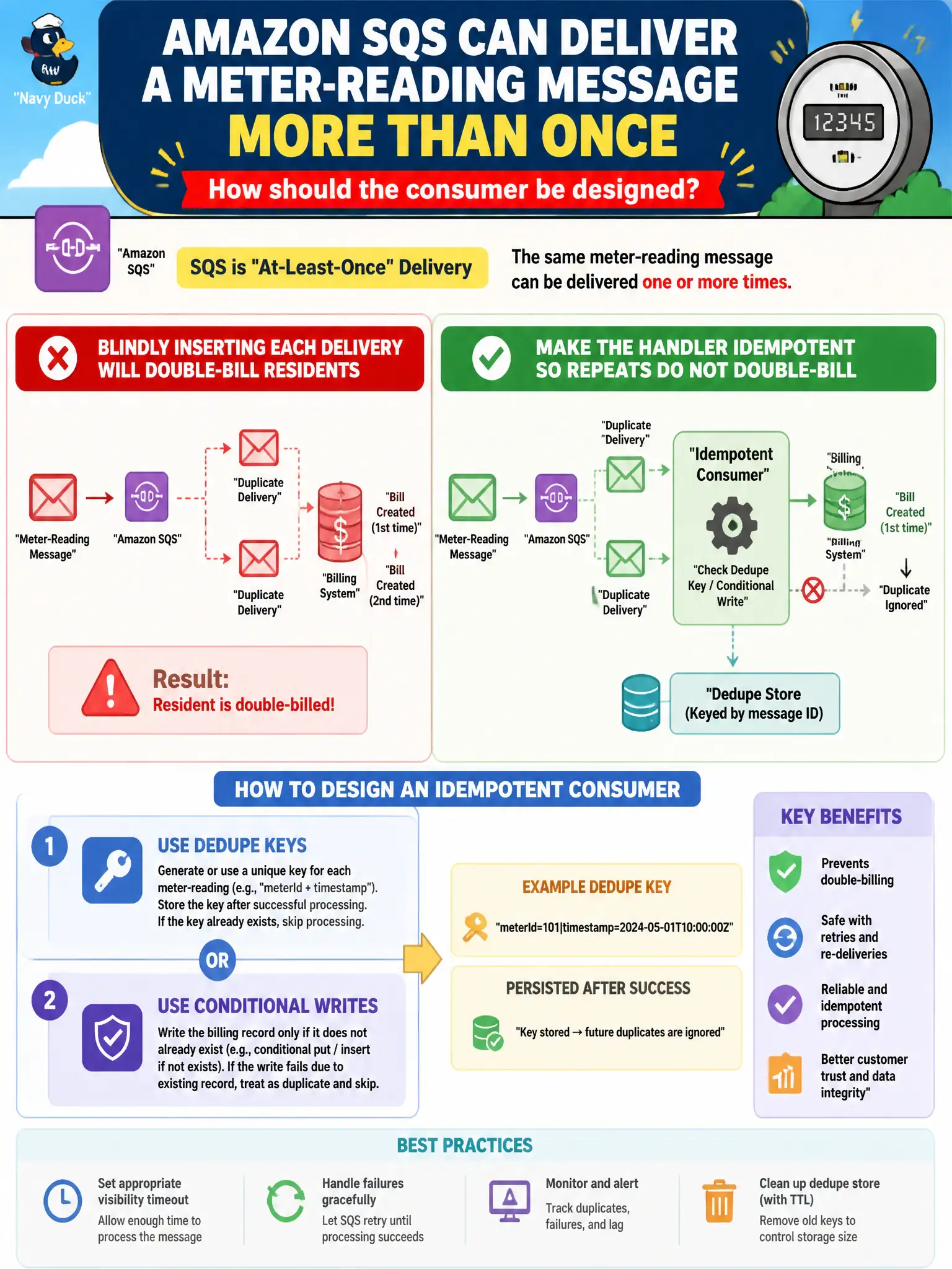 To Create an exciting colorful infographic that explains the concepts in the question: Question: Amazon SQS can deliver a meter-reading message more than once, and blindly inserting each delivery would double-bill residents. How should the consumer be designed? Correct Answer: Make the handler idempotent with dedupe keys or conditional writes so repeats do not double-bill Put EVERY visible label in double quotes. No people. No A/B/C/D letters. In one of the four corners put a little "Navy Duck".