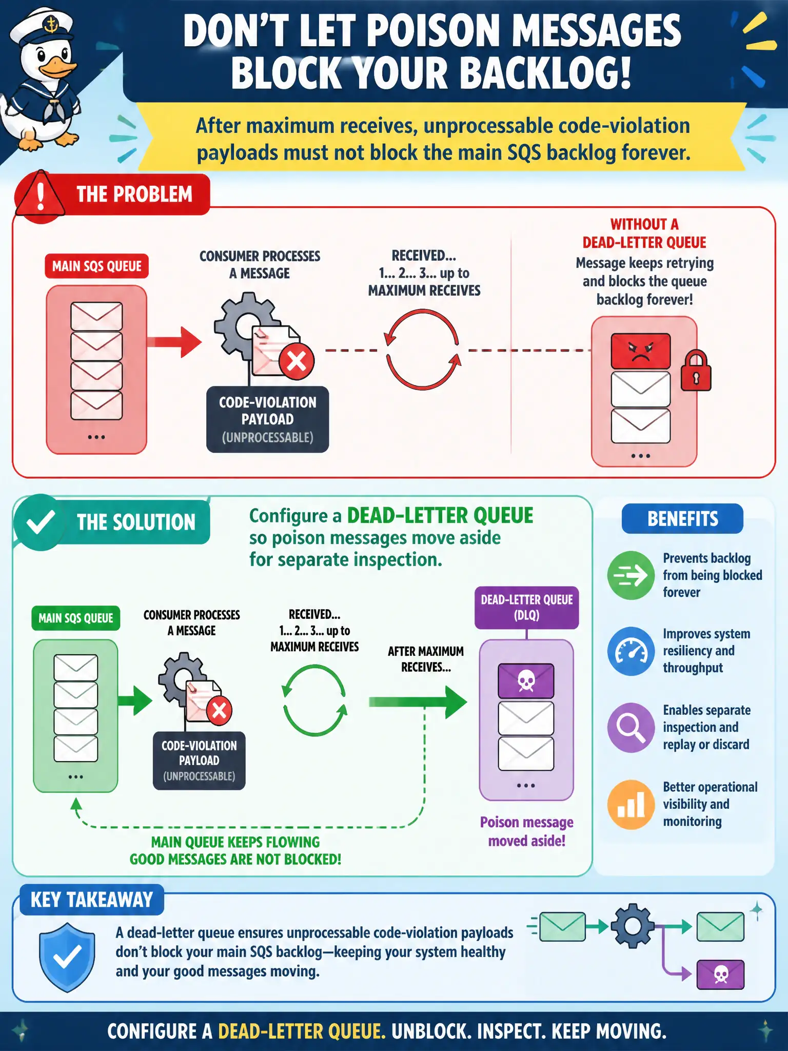 To Create an exciting colorful infographic that explains the concepts in the question: Question: After maximum receives, unprocessable code-violation payloads must not block the main SQS backlog forever. What should the team configure? Correct Answer: A dead-letter queue so poison messages move aside for separate inspection Put EVERY visible label in double quotes. No people. No A/B/C/D letters. In one of the four corners put a little "Navy Duck".