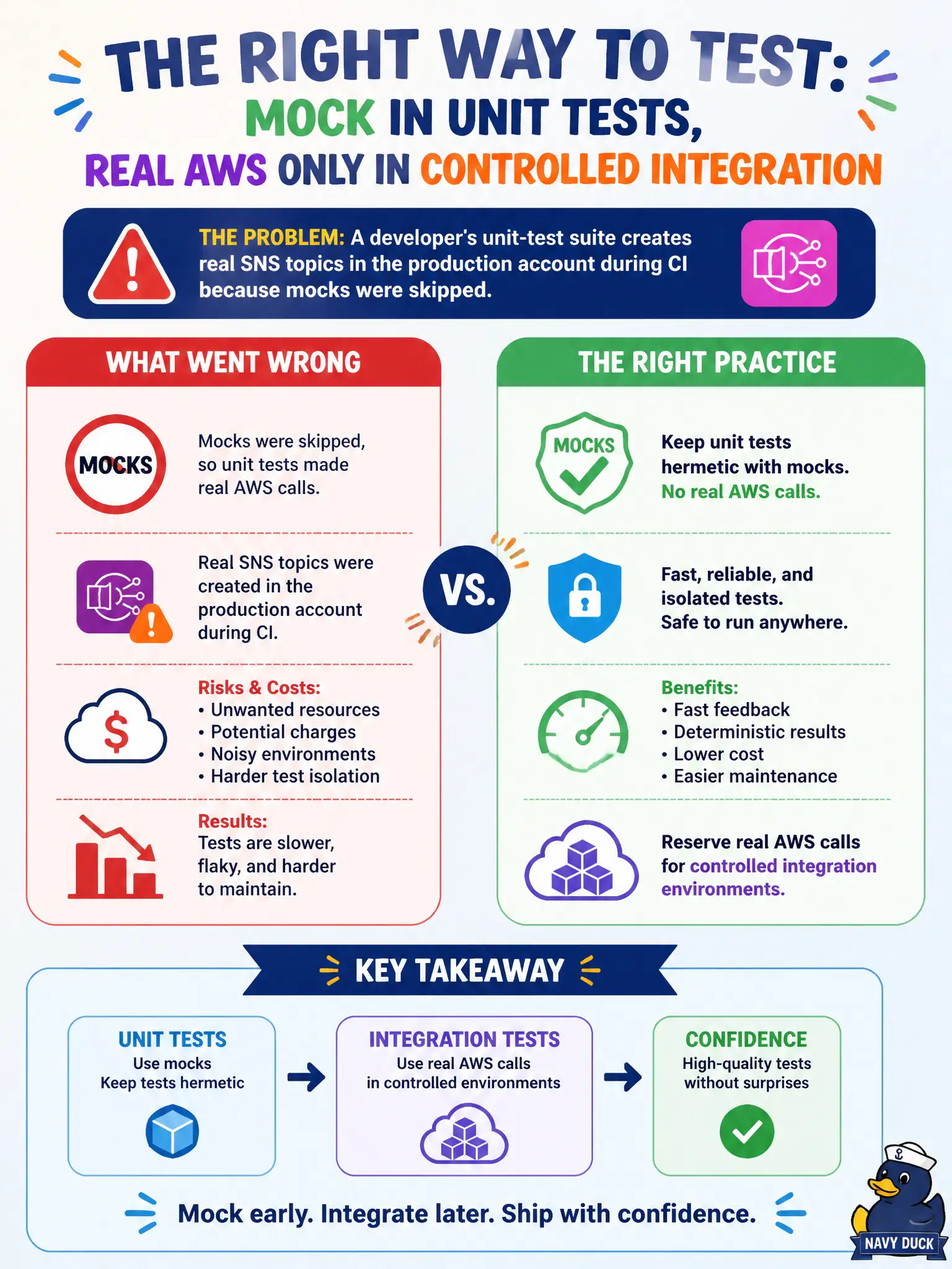 To Create an exciting colorful infographic that explains the concepts in the question: Question: A developer's unit-test suite creates real SNS topics in the production account during CI because mocks were skipped. What is the correct testing practice? Correct Answer: Keep unit tests hermetic with mocks; reserve real AWS calls for controlled integration environments Put EVERY visible label in double quotes. No people. No A/B/C/D letters. In one of the four corners put a little "Navy Duck".