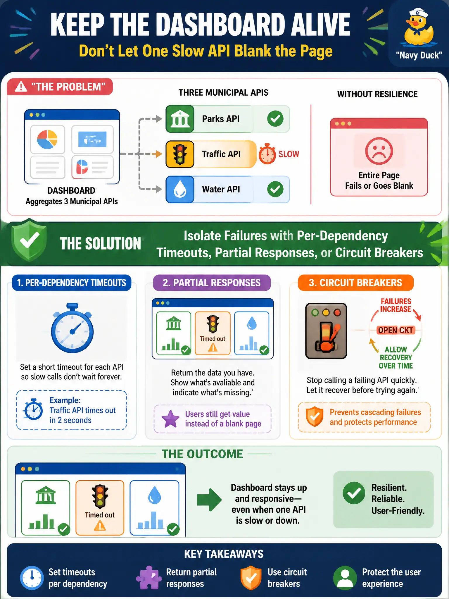 To Create an exciting colorful infographic that explains the concepts in the question: Question: A dashboard aggregates three municipal APIs, and one slow dependency should not blank the entire page. Which resilience approach should the developer apply? Correct Answer: Isolate failures with per-dependency timeouts, partial responses, or circuit breakers Put EVERY visible label in double quotes. No people. No A/B/C/D letters. In one of the four corners put a little "Navy Duck".