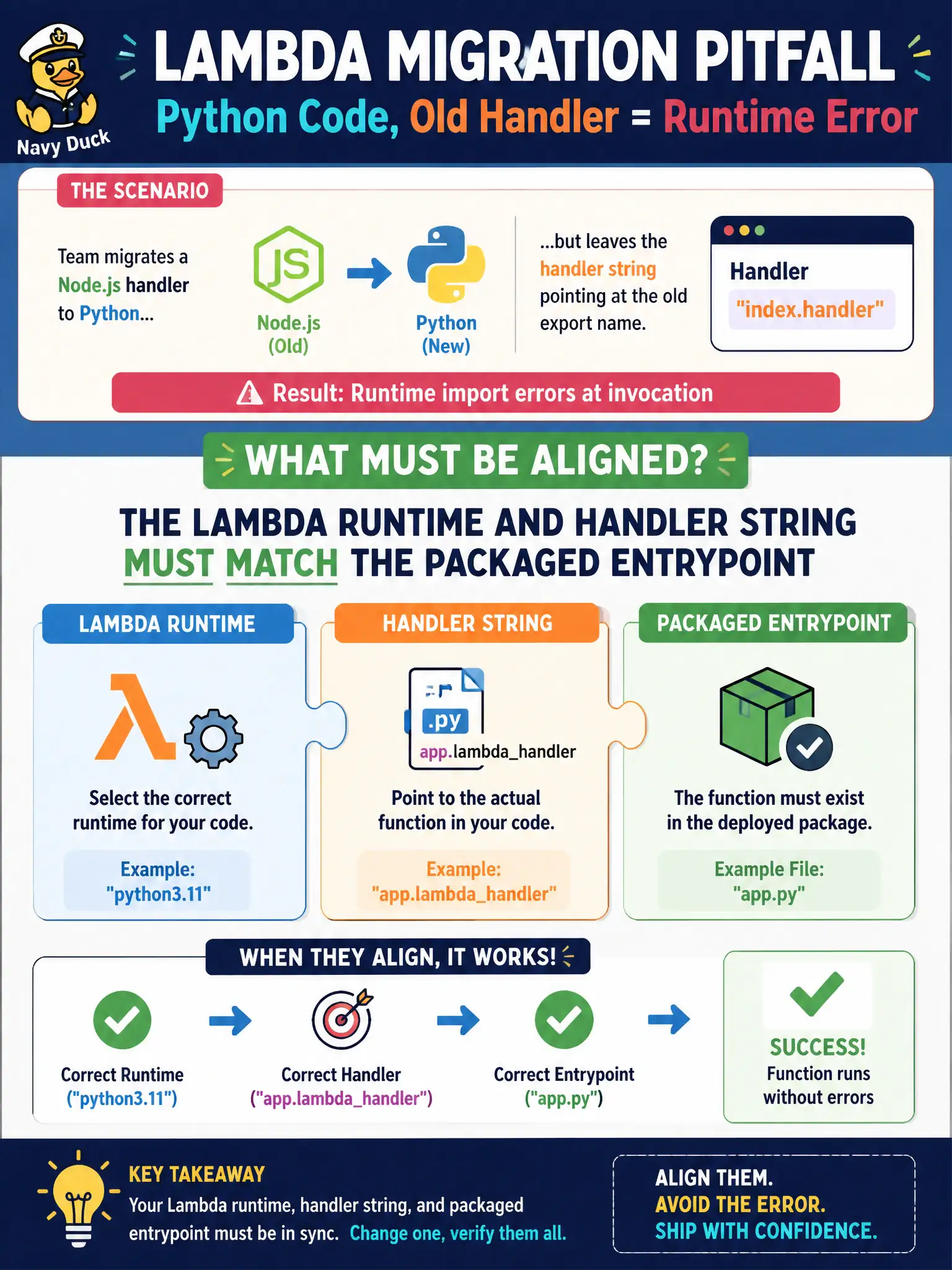 To Create an exciting colorful infographic that explains the concepts in the question: Question: A team migrates a Node.js handler to Python but leaves the handler string pointing at the old export name, causing runtime import errors. What must be aligned? Correct Answer: The Lambda runtime and handler string must match the packaged entrypoint Put EVERY visible label in double quotes. No people. No A/B/C/D letters. In one of the four corners put a little "Navy Duck".