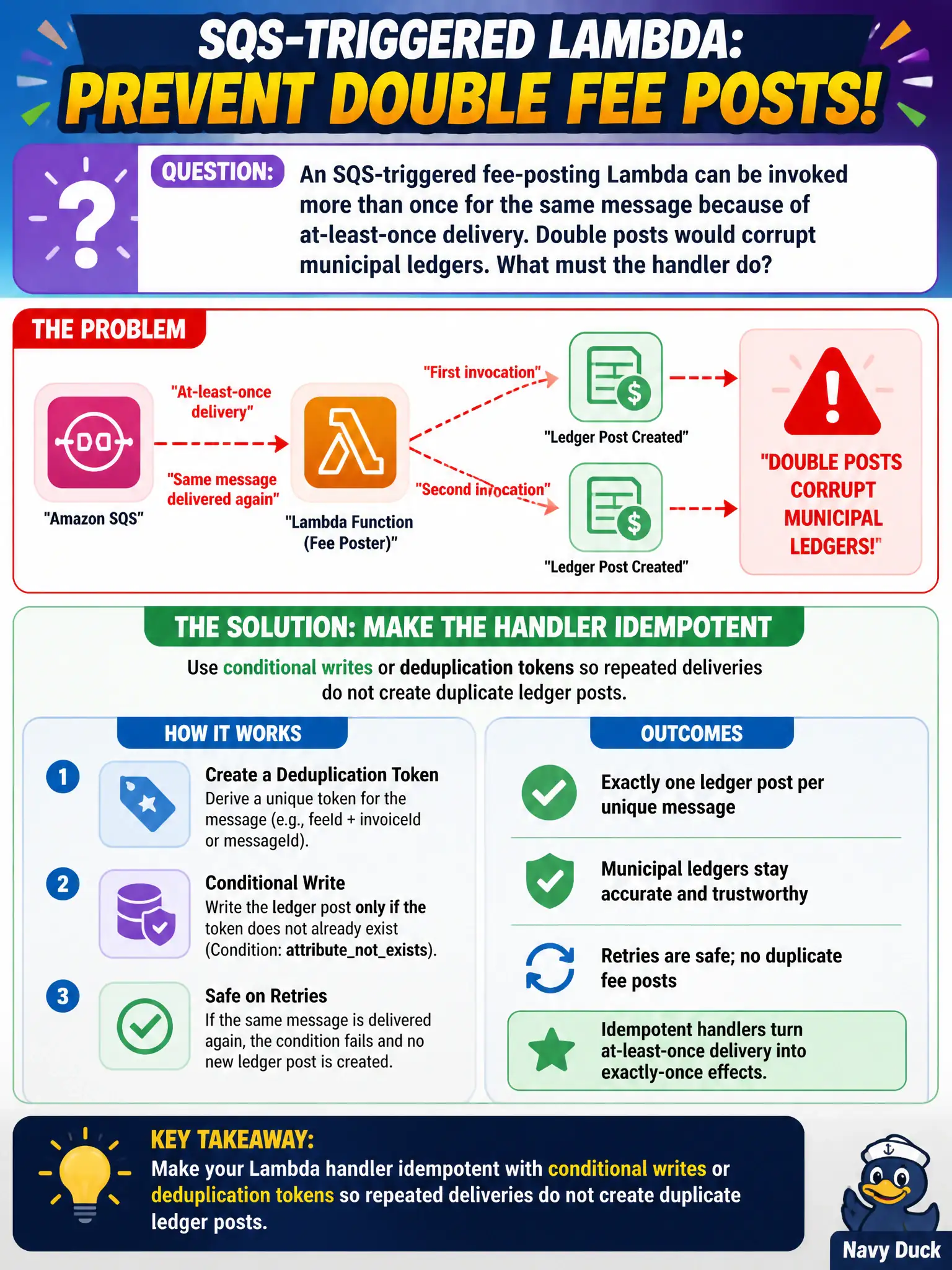 To Create an exciting colorful infographic that explains the concepts in the question: Question: An SQS-triggered fee-posting Lambda can be invoked more than once for the same message because of at-least-once delivery. Double posts would corrupt municipal ledgers. What must the handler do? Correct Answer: Make the handler idempotent using conditional writes or deduplication tokens so repeated deliveries do not create duplicate ledger posts. Put EVERY visible label in double quotes. No people. No A/B/C/D letters. In one of the four corners put a little "Navy Duck".