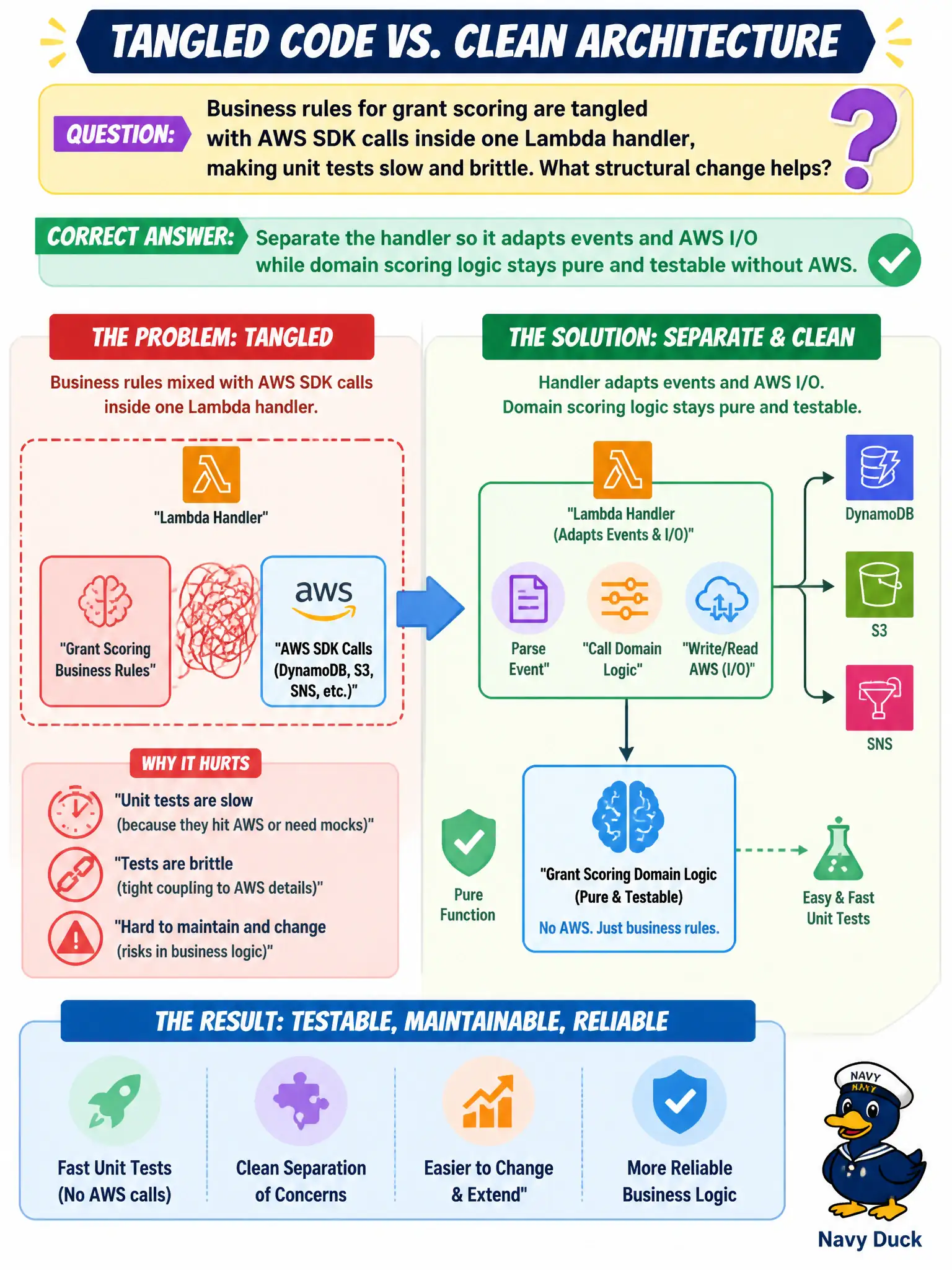 To Create an exciting colorful infographic that explains the concepts in the question: Question: Business rules for grant scoring are tangled with AWS SDK calls inside one Lambda handler, making unit tests slow and brittle. What structural change helps? Correct Answer: Separate the handler so it adapts events and AWS I/O while domain scoring logic stays pure and testable without AWS. Put EVERY visible label in double quotes. No people. No A/B/C/D letters. In one of the four corners put a little "Navy Duck".