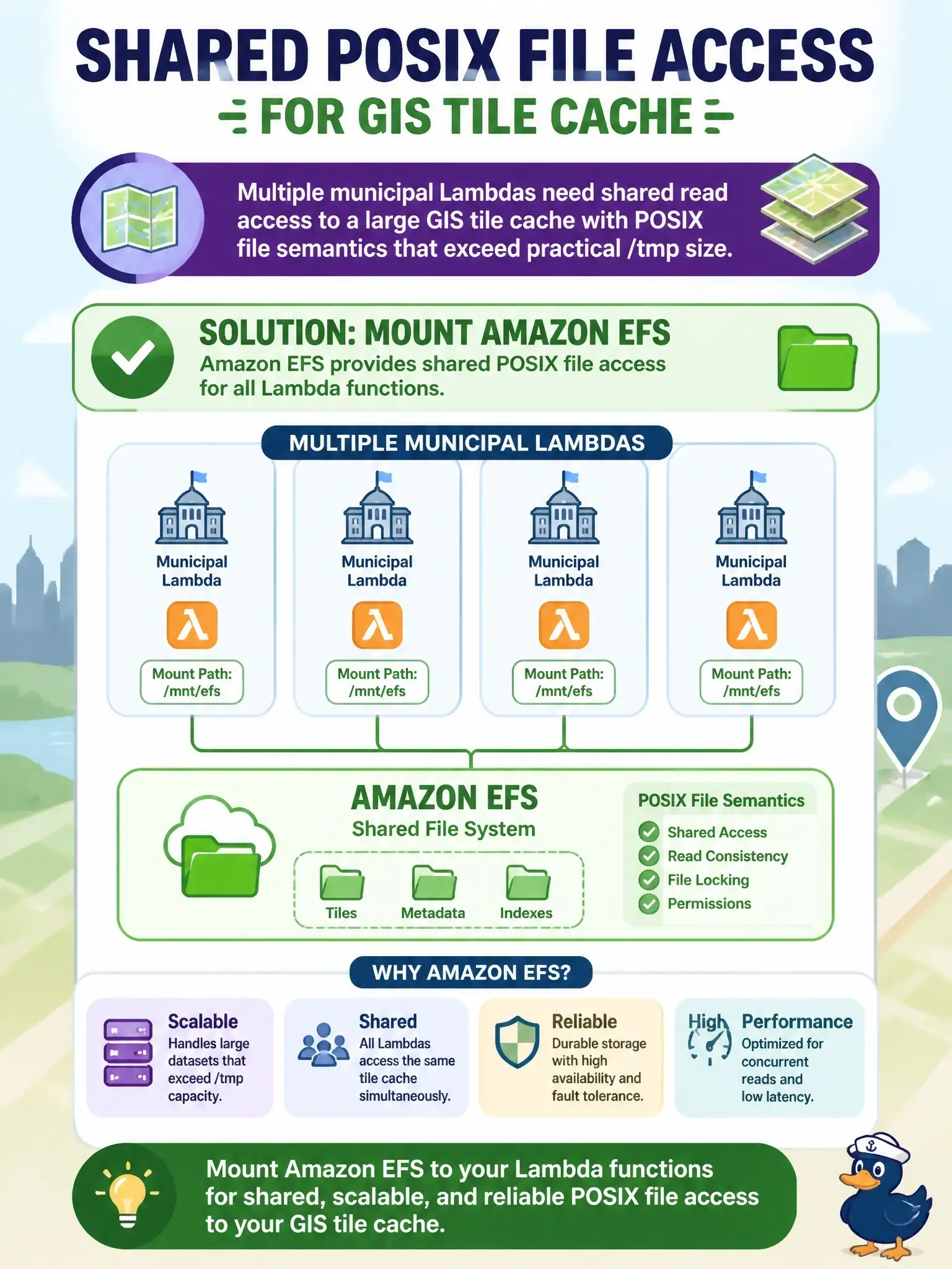 To Create an exciting colorful infographic that explains the concepts in the question: Question: Several municipal Lambdas need shared read access to a large GIS tile cache with POSIX file semantics that exceed practical /tmp size. What should they mount? Correct Answer: Mount Amazon EFS to the Lambda functions for shared POSIX file access to the GIS tile cache. Put EVERY visible label in double quotes. No people. No A/B/C/D letters. In one of the four corners put a little "Navy Duck".