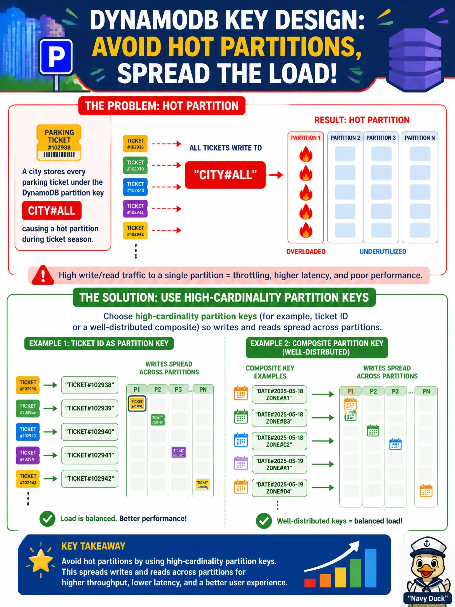 To Create an exciting colorful infographic that explains the concepts in the question: Question: A city stores every parking ticket under the DynamoDB partition key CITY#ALL, causing a hot partition during ticket season. How should the key design change? Correct Answer: Choose high-cardinality partition keys (for example, ticket ID or a well-distributed composite) so writes and reads spread across partitions. Put EVERY visible label in double quotes. No people. No A/B/C/D letters. In one of the four corners put a little "Navy Duck".