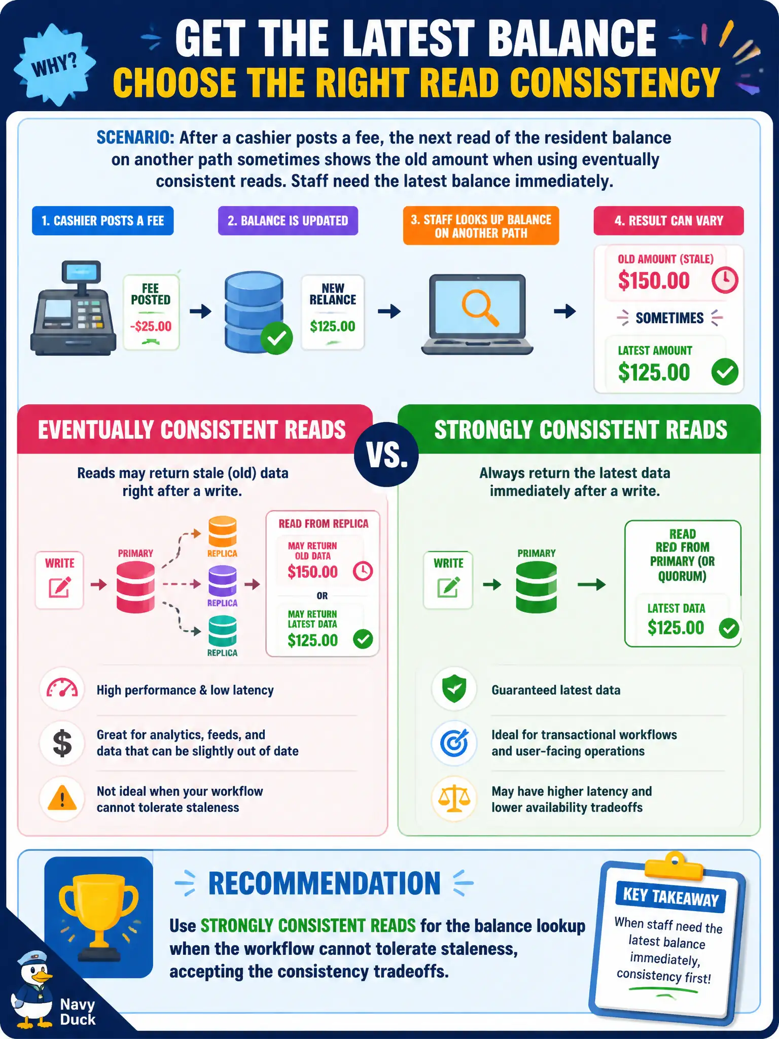 To Create an exciting colorful infographic that explains the concepts in the question: Question: After a cashier posts a fee, the next read of the resident balance on another path sometimes shows the old amount when using eventually consistent reads. Staff need the latest balance immediately. What should the developer select? Correct Answer: Use strongly consistent reads for the balance lookup when the workflow cannot tolerate staleness, accepting the consistency tradeoffs. Put EVERY visible label in double quotes. No people. No A/B/C/D letters. In one of the four corners put a little "Navy Duck".