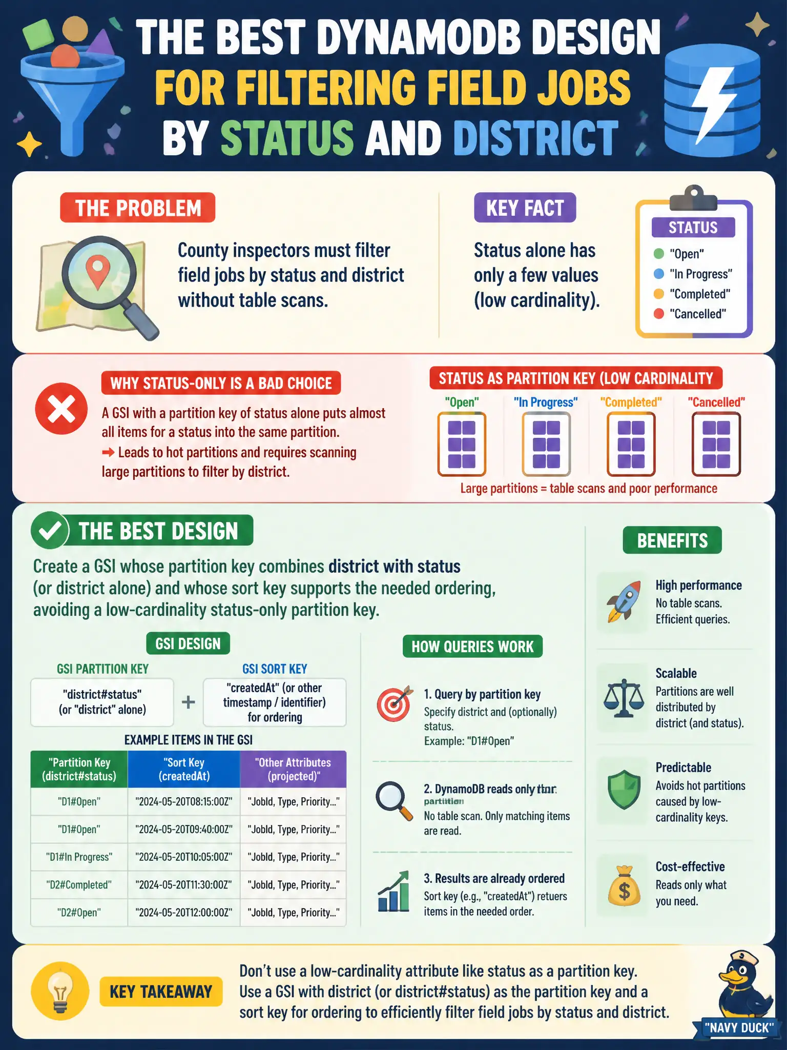 To Create an exciting colorful infographic that explains the concepts in the question: Question: County inspectors must filter field jobs by status and district without table scans. Status alone has only a few values. Which DynamoDB design best supports that query? Correct Answer: Create a GSI whose partition key combines district with status (or district alone) and whose sort key supports the needed ordering, avoiding a low-cardinality status-only partition key Put EVERY visible label in double quotes. No people. No A/B/C/D letters. In one of the four corners put a little "Navy Duck".