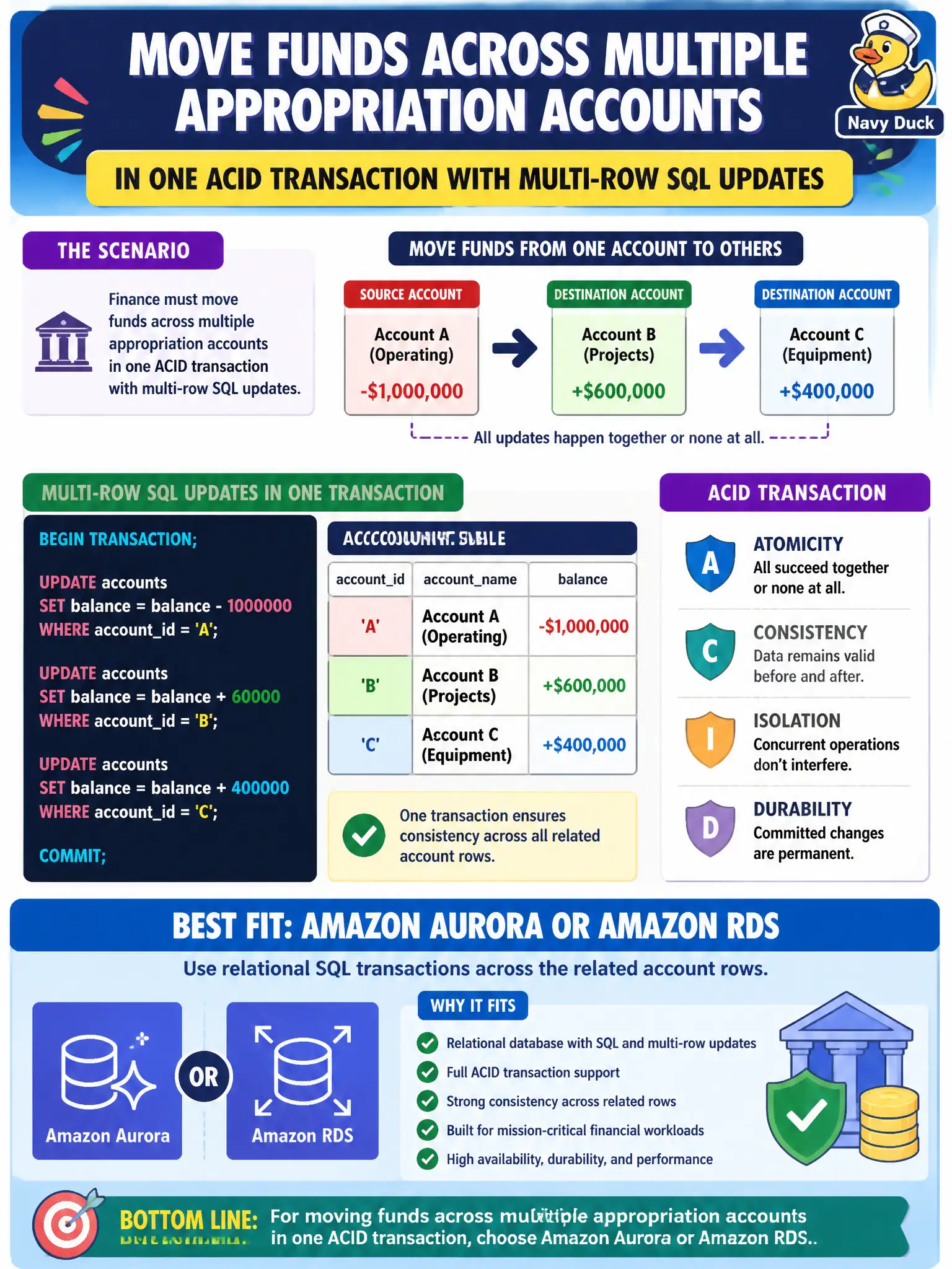 To Create an exciting colorful infographic that explains the concepts in the question: Question: Finance must move funds across multiple appropriation accounts in one ACID transaction with multi-row SQL updates. Which data store choice fits best for the application? Correct Answer: Amazon Aurora or Amazon RDS so the app can use relational SQL transactions across the related account rows Put EVERY visible label in double quotes. No people. No A/B/C/D letters. In one of the four corners put a little "Navy Duck".