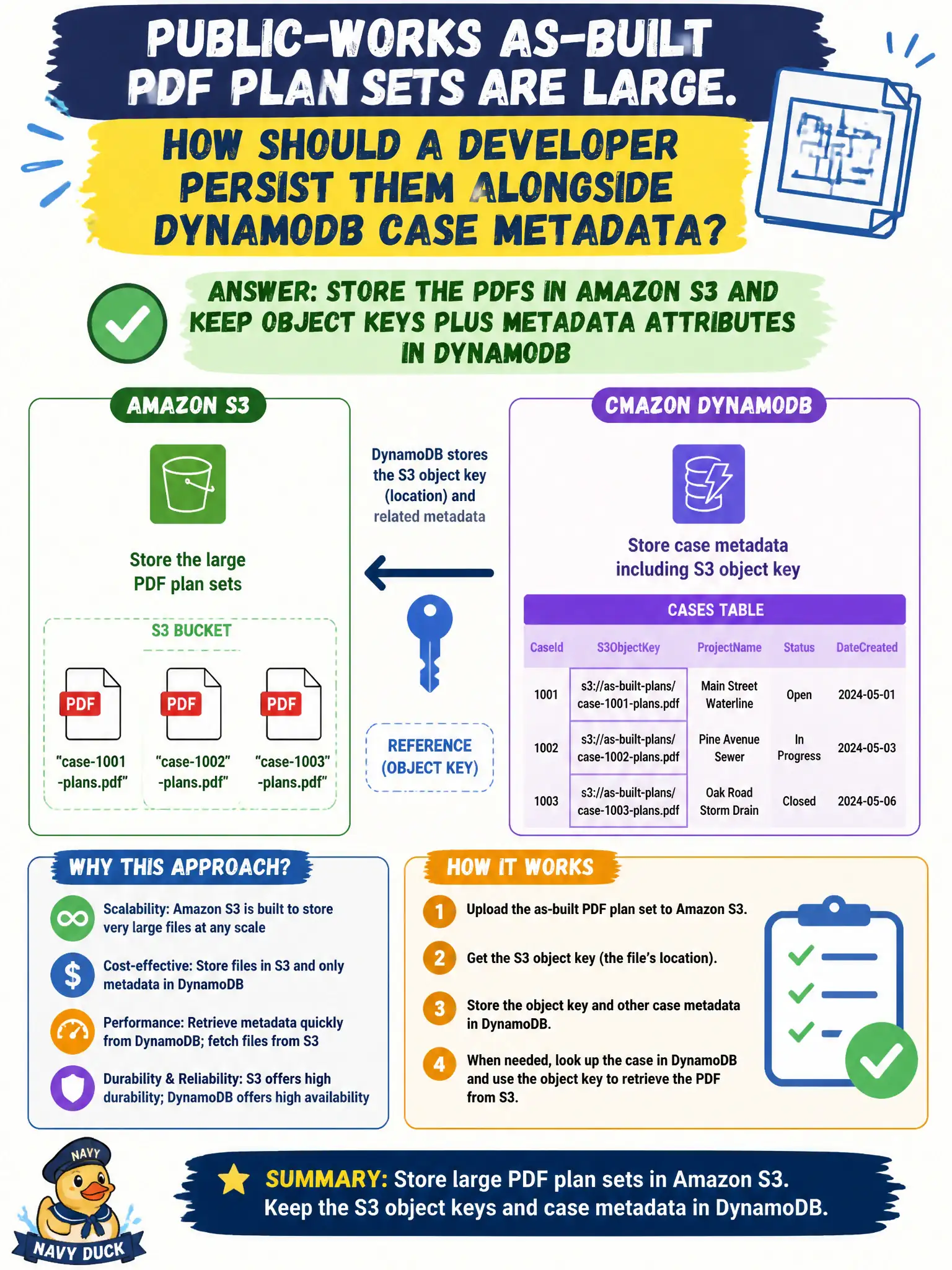 To Create an exciting colorful infographic that explains the concepts in the question: Question: Public-works as-built PDF plan sets are large. How should a developer persist them alongside DynamoDB case metadata? Correct Answer: Store the PDFs in Amazon S3 and keep object keys plus metadata attributes in DynamoDB Put EVERY visible label in double quotes. No people. No A/B/C/D letters. In one of the four corners put a little "Navy Duck".