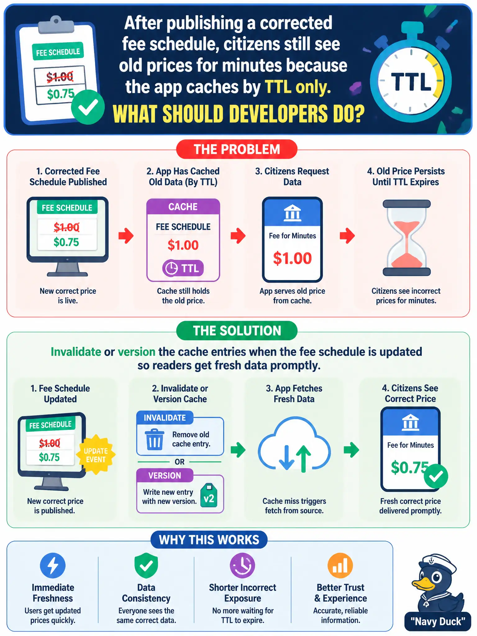 To Create an exciting colorful infographic that explains the concepts in the question: Question: After publishing a corrected fee schedule, citizens still see old prices for minutes because the app caches by TTL only. What should developers do? Correct Answer: Invalidate or version the cache entries when the fee schedule is updated so readers get fresh data promptly Put EVERY visible label in double quotes. No people. No A/B/C/D letters. In one of the four corners put a little "Navy Duck".