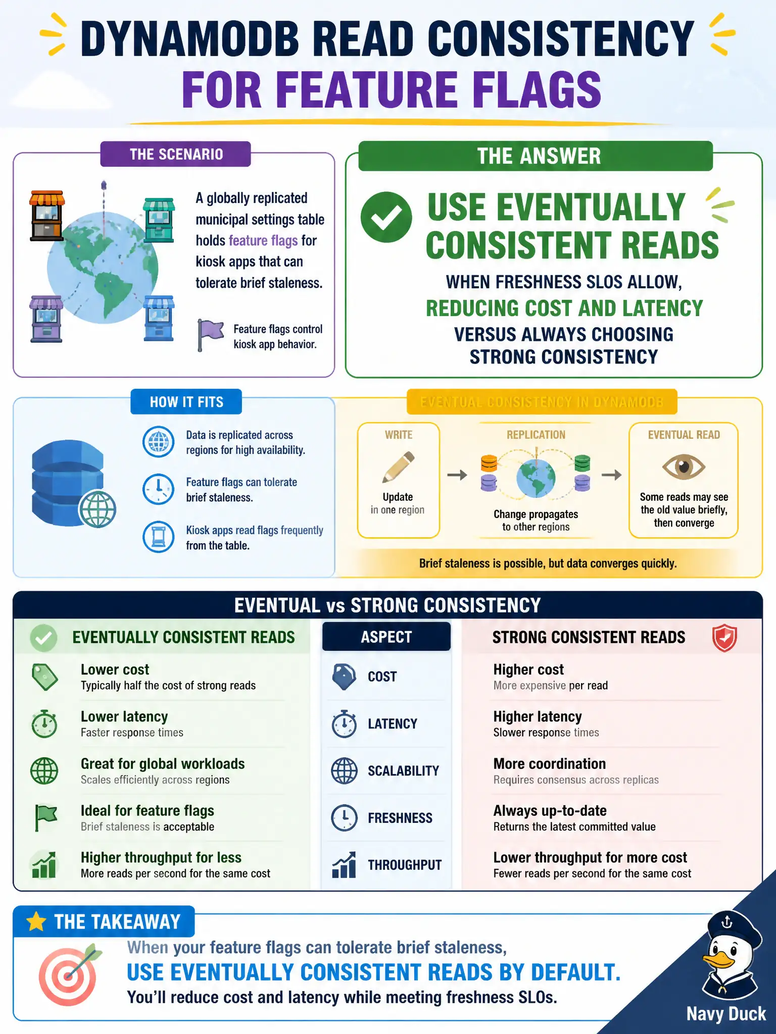To Create an exciting colorful infographic that explains the concepts in the question: Question: A globally replicated municipal settings table holds feature flags for kiosk apps that can tolerate brief staleness. Which DynamoDB read consistency choice is appropriate by default? Correct Answer: Use eventually consistent reads when freshness SLOs allow, reducing cost and latency versus always choosing strong consistency Put EVERY visible label in double quotes. No people. No A/B/C/D letters. In one of the four corners put a little "Navy Duck".