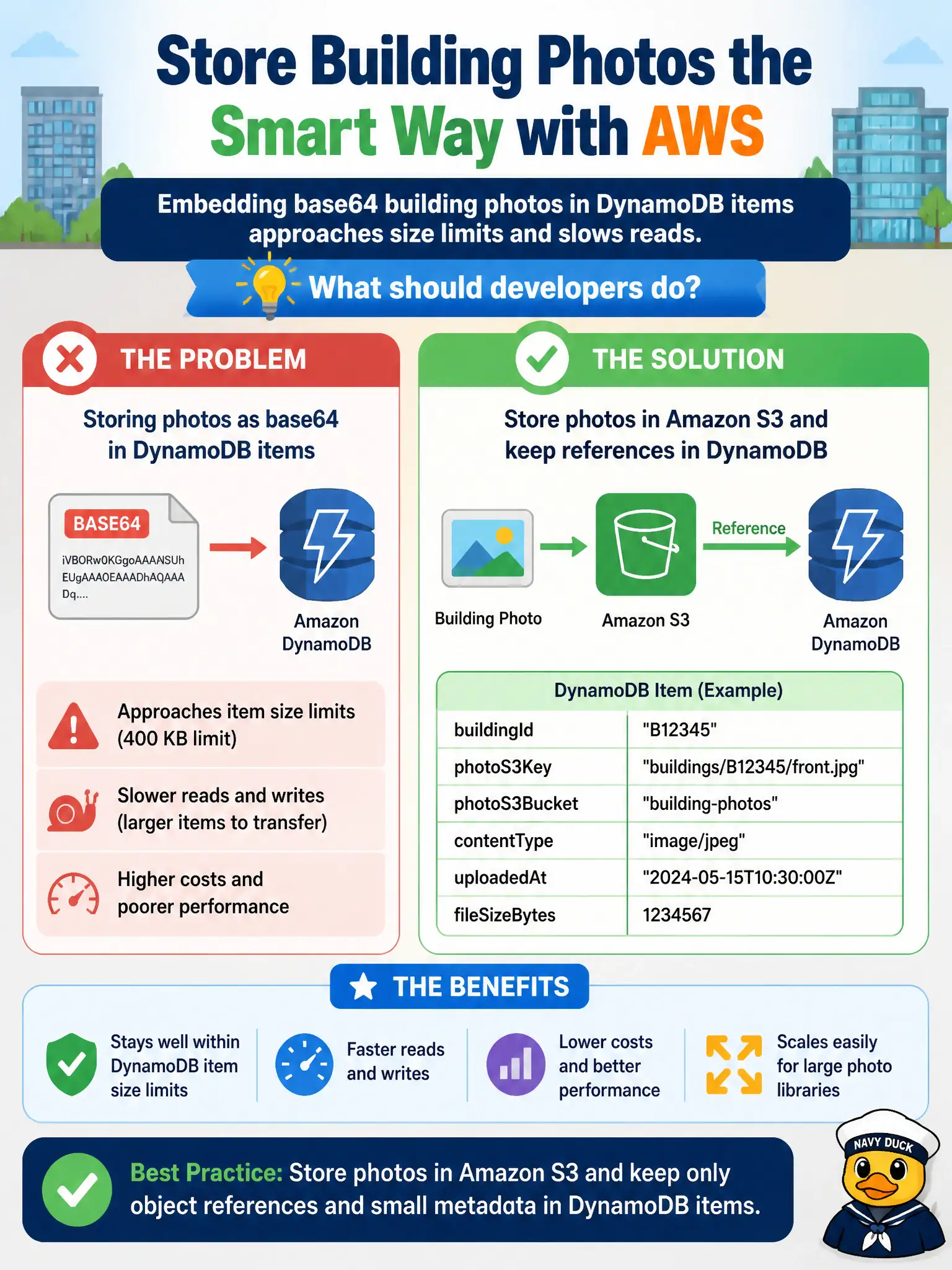 To Create an exciting colorful infographic that explains the concepts in the question: Question: Embedding base64 building photos in DynamoDB items approaches size limits and slows reads. What should developers do? Correct Answer: Store photos in Amazon S3 and keep only object references and small metadata in DynamoDB items Put EVERY visible label in double quotes. No people. No A/B/C/D letters. In one of the four corners put a little "Navy Duck".