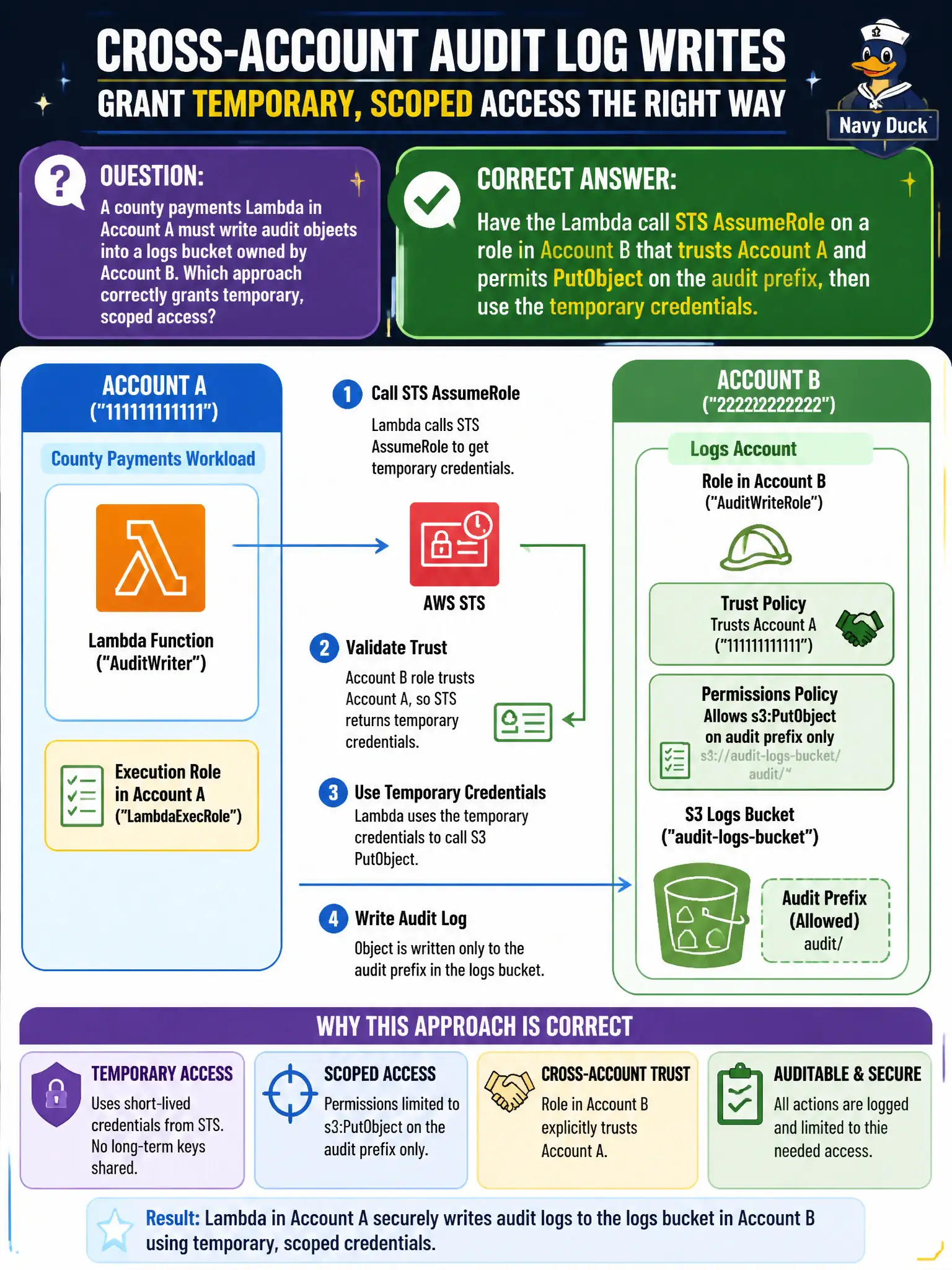 To Create an exciting colorful infographic that explains the concepts in the question: Question: A county payments Lambda in Account A must write audit objects into a logs bucket owned by Account B. Which approach correctly grants temporary, scoped access? Correct Answer: Have the Lambda call STS AssumeRole on a role in Account B that trusts Account A and permits PutObject on the audit prefix, then use the temporary credentials. Put EVERY visible label in double quotes. No people. No A/B/C/D letters. In one of the four corners put a little "Navy Duck".