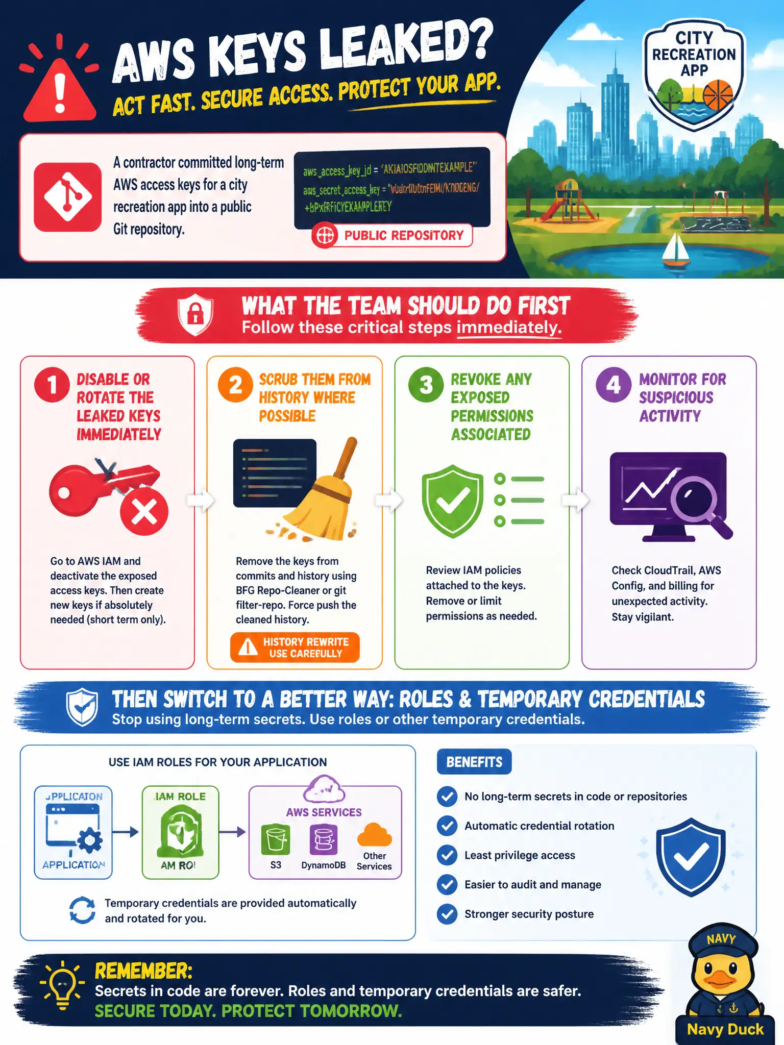 To Create an exciting colorful infographic that explains the concepts in the question: Question: A contractor committed long-term AWS access keys for a city recreation app into a public Git repository. What should the team do first for application access going forward? Correct Answer: Disable or rotate the leaked keys immediately, scrub them from history where possible, and switch the app to roles or other temporary credentials instead of committed secrets. Put EVERY visible label in double quotes. No people. No A/B/C/D letters. In one of the four corners put a little "Navy Duck".