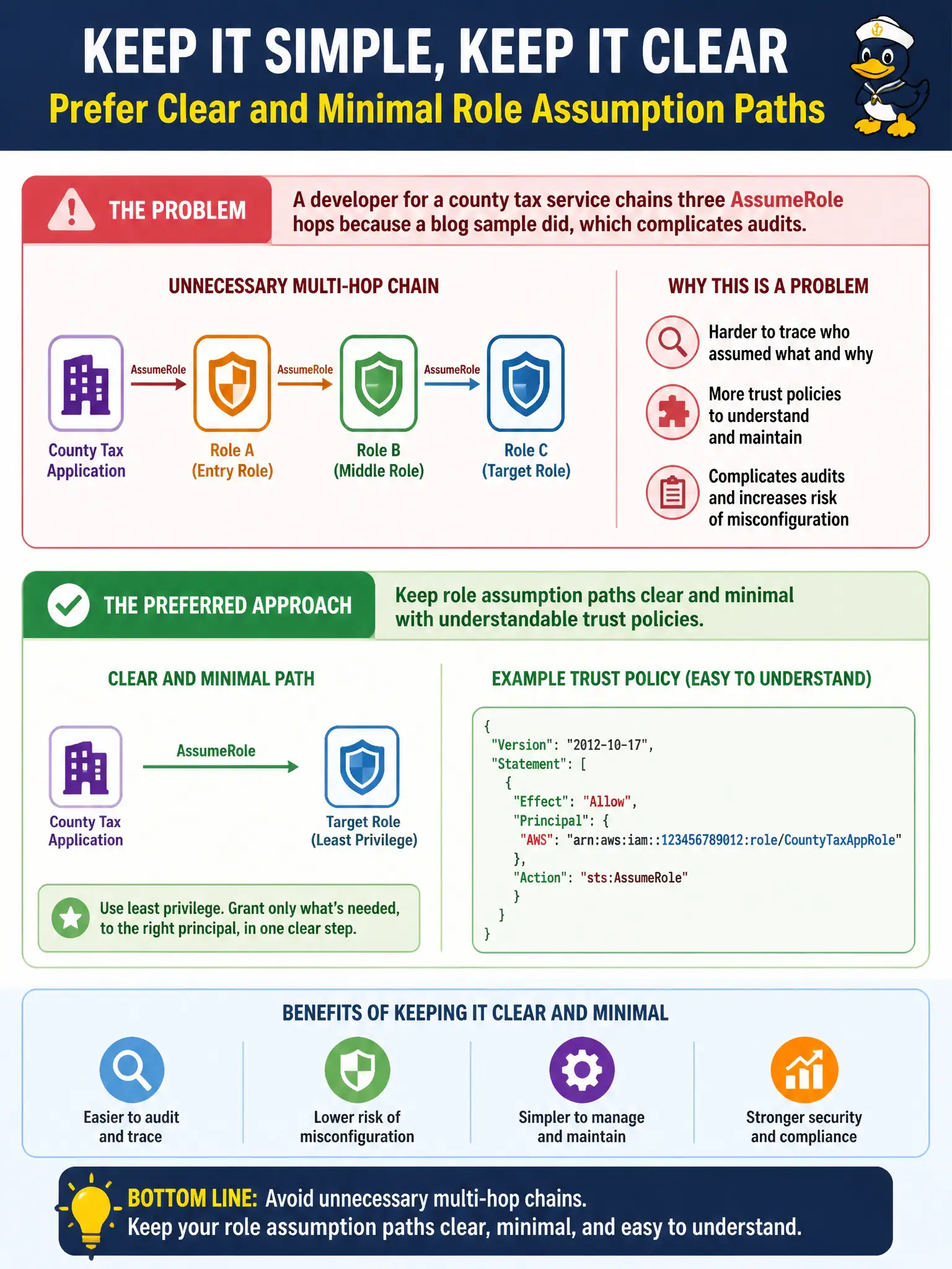 To Create an exciting colorful infographic that explains the concepts in the question: Question: A developer for a county tax service chains three AssumeRole hops because a blog sample did, which complicates audits. What should the team prefer? Correct Answer: Keep role assumption paths clear and minimal with understandable trust policies instead of unnecessary multi-hop chains. Put EVERY visible label in double quotes. No people. No A/B/C/D letters. In one of the four corners put a little "Navy Duck".