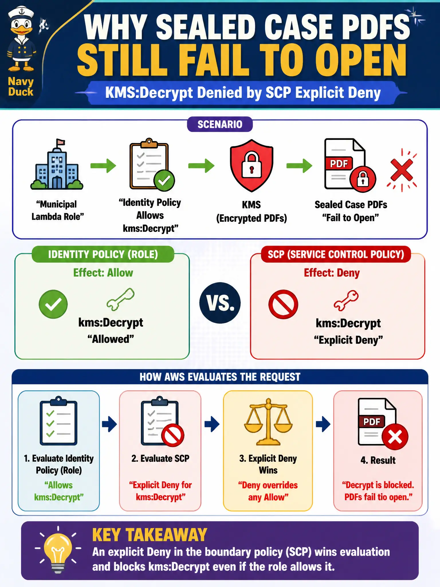 To Create an exciting colorful infographic that explains the concepts in the question: Question: A municipal Lambda role is allowed kms:Decrypt by its identity policy, but sealed case PDFs still fail to open. An SCP on the account includes an explicit Deny for kms:Decrypt. What explains the failure? Correct Answer: An explicit Deny in the boundary policy wins evaluation and blocks decrypt even if the role allows it. Put EVERY visible label in double quotes. No people. No A/B/C/D letters. In one of the four corners put a little "Navy Duck".