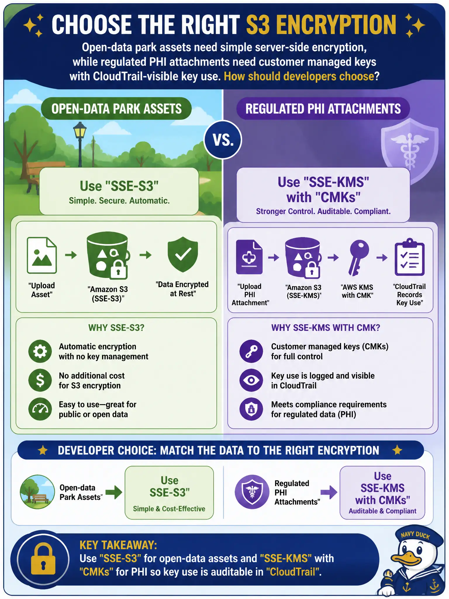 To Create an exciting colorful infographic that explains the concepts in the question: Question: Open-data park assets need simple server-side encryption, while regulated PHI attachments need customer managed keys with CloudTrail-visible key use. How should developers choose? Correct Answer: Use SSE-S3 for open-data assets and SSE-KMS with CMKs for PHI so key use is auditable in CloudTrail. Put EVERY visible label in double quotes. No people. No A/B/C/D letters. In one of the four corners put a little "Navy Duck".