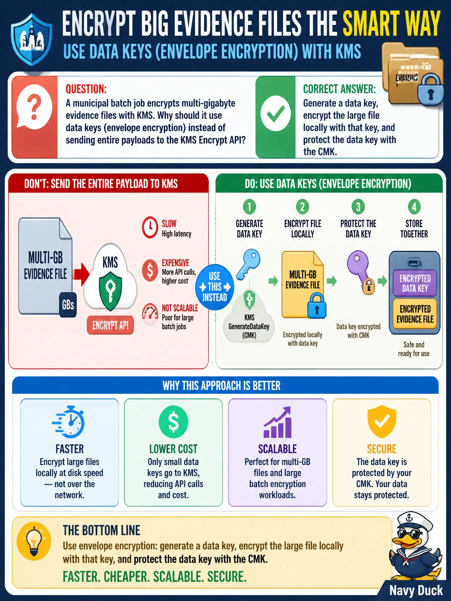 To Create an exciting colorful infographic that explains the concepts in the question: Question: A municipal batch job encrypts multi-gigabyte evidence files with KMS. Why should it use data keys (envelope encryption) instead of sending entire payloads to the KMS Encrypt API? Correct Answer: Generate a data key, encrypt the large file locally with that key, and protect the data key with the CMK. Put EVERY visible label in double quotes. No people. No A/B/C/D letters. In one of the four corners put a little "Navy Duck".
