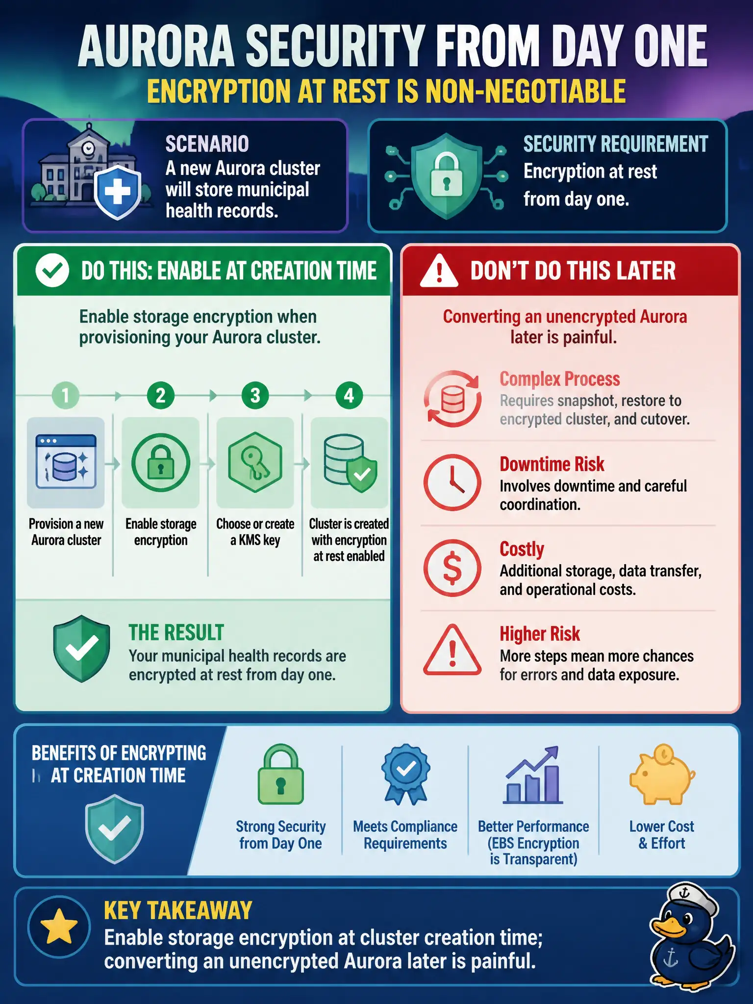 To Create an exciting colorful infographic that explains the concepts in the question: Question: A new Aurora cluster will store municipal health records. Security requires encryption at rest from day one. What should the team do when provisioning? Correct Answer: Enable storage encryption at cluster creation time; converting an unencrypted Aurora later is painful. Put EVERY visible label in double quotes. No people. No A/B/C/D letters. In one of the four corners put a little "Navy Duck".
