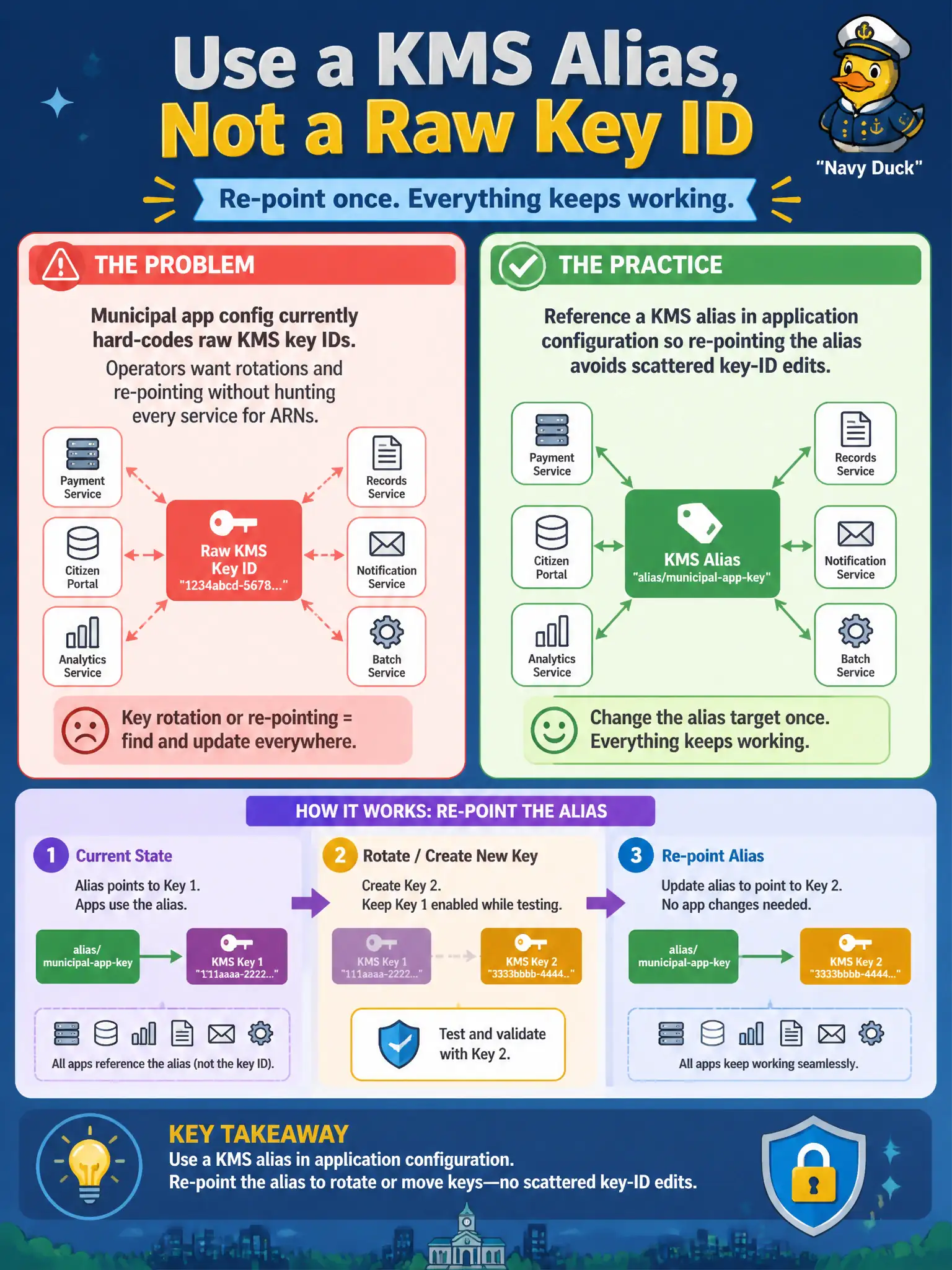 To Create an exciting colorful infographic that explains the concepts in the question: Question: Municipal app config currently hard-codes raw KMS key IDs. Operators want rotations and re-pointing without hunting every service for ARNs. What practice helps? Correct Answer: Reference a KMS alias in application configuration so re-pointing the alias avoids scattered key-ID edits. Put EVERY visible label in double quotes. No people. No A/B/C/D letters. In one of the four corners put a little "Navy Duck".
