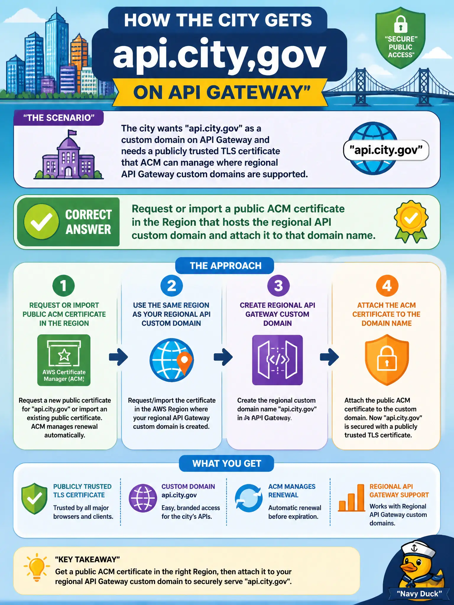 To Create an exciting colorful infographic that explains the concepts in the question: Question: The city wants api.city.gov as a custom domain on API Gateway and needs a publicly trusted TLS certificate that ACM can manage where regional API Gateway custom domains are supported. Which approach fits? Correct Answer: Request or import a public ACM certificate in the Region that hosts the regional API custom domain and attach it to that domain name Put EVERY visible label in double quotes. No people. No A/B/C/D letters. In one of the four corners put a little "Navy Duck".