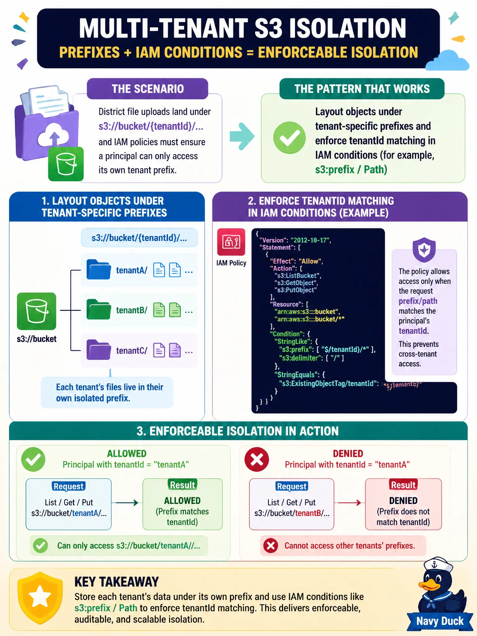 To Create an exciting colorful infographic that explains the concepts in the question: Question: District file uploads land under s3://bucket/{tenantId}/... and IAM policies must ensure a principal can only access its own tenant prefix. Which pattern supports enforceable isolation? Correct Answer: Layout objects under tenant-specific prefixes and enforce tenantId matching in IAM conditions (for example, s3:prefix / Path) Put EVERY visible label in double quotes. No people. No A/B/C/D letters. In one of the four corners put a little "Navy Duck".