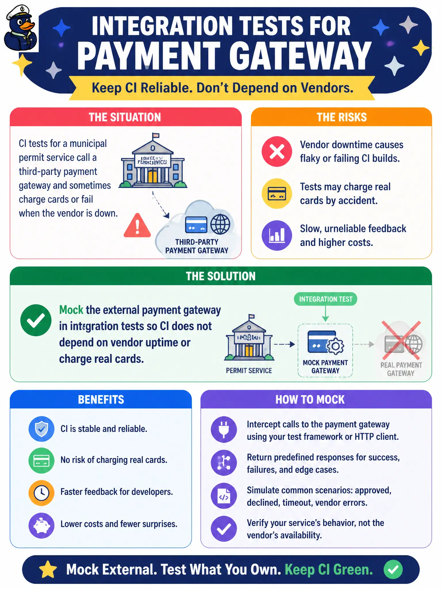 To Create an exciting colorful infographic that explains the concepts in the question: Question: CI tests for a municipal permit service call a third-party payment gateway and sometimes charge cards or fail when the vendor is down. How should integration tests be written? Correct Answer: Mock the external payment gateway in integration tests so CI does not depend on vendor uptime or charge real cards. Put EVERY visible label in double quotes. No people. No A/B/C/D letters. In one of the four corners put a little "Navy Duck".